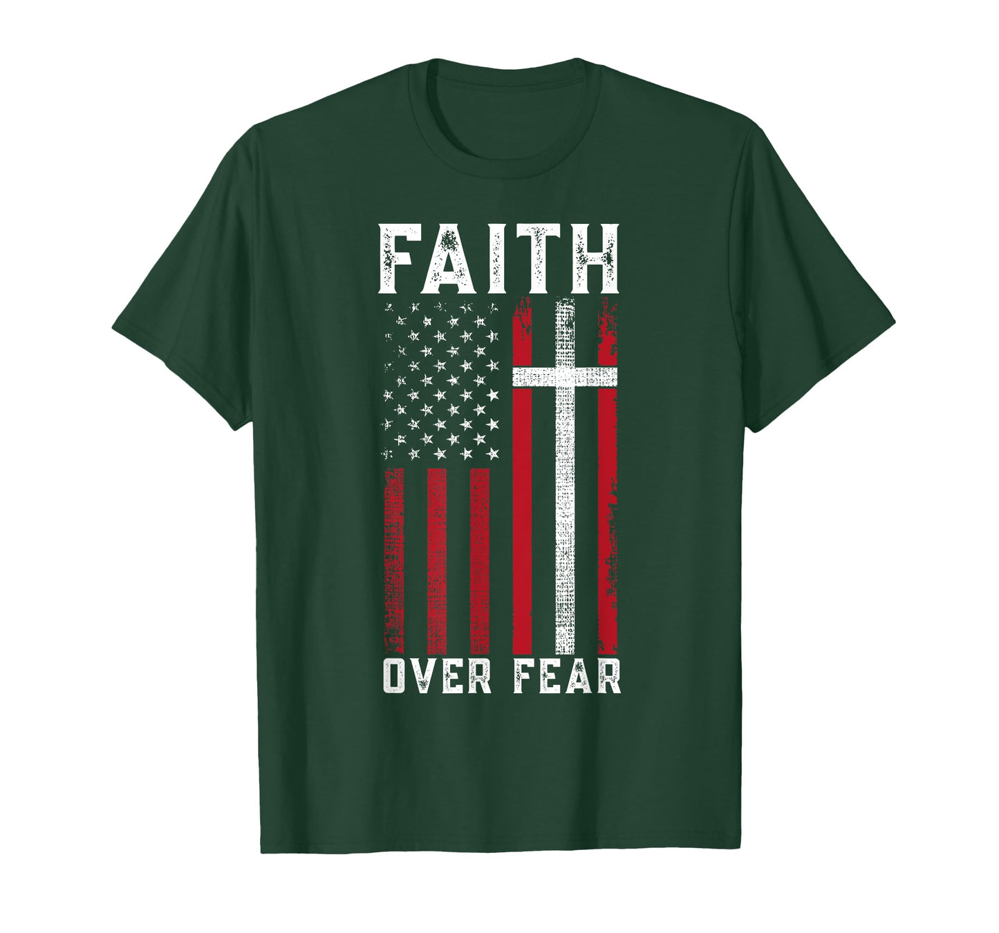Inspirational Faith Over Fear USA Flag Christian Cross Jesus T-Shirt for Women Girls Kids Men