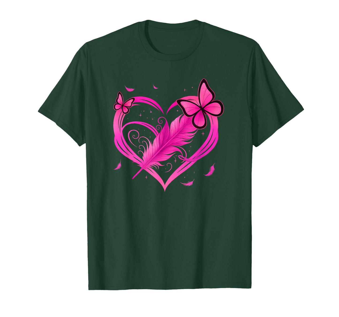 Pink Heart Butterfly Feather Breast Cancer Awareness T-Shirt