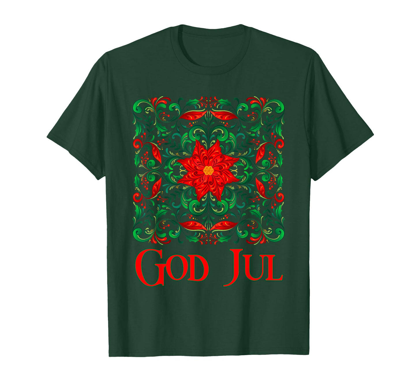 Norwegian Rosemaling God Jul Christmas Poinsettia Folk Art T-Shirt
