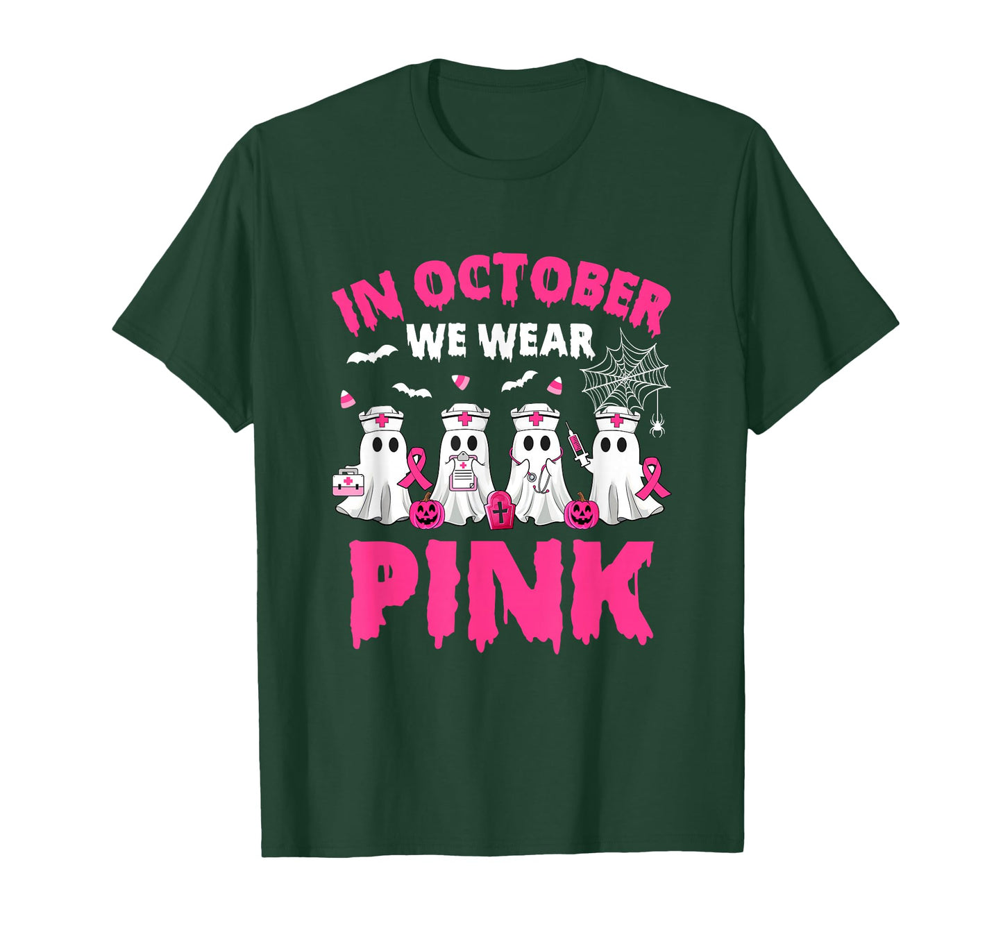 In October We Wear Pink Nurse Ghost Halloween Breast Cancer T-Shirt