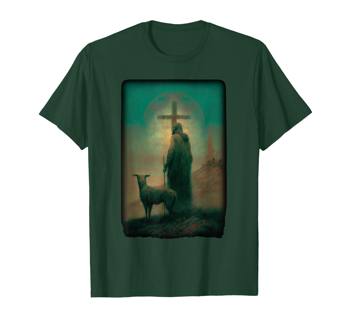 Biblical Jesus Lamb of God Sheep Shepard with Cross Old Art T-Shirt