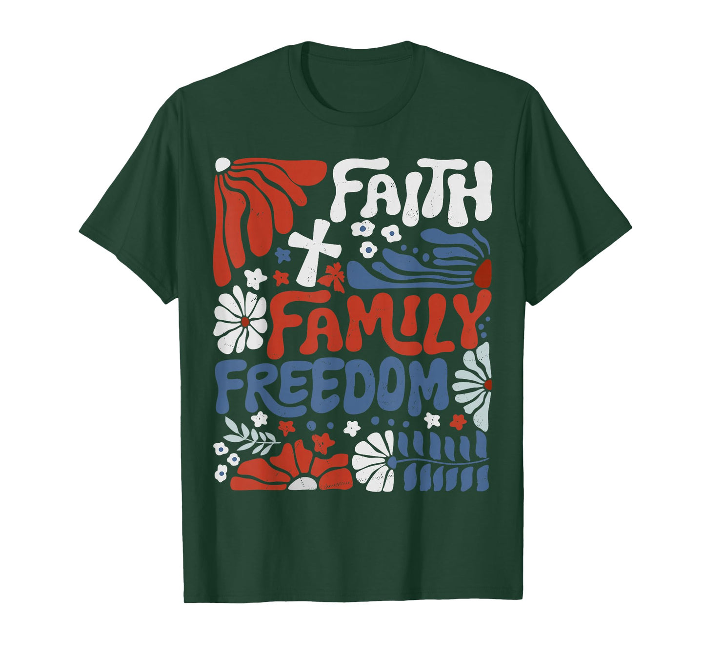 Patriotic Christian Faith Family Freedom Boho Floral Cross T-Shirt