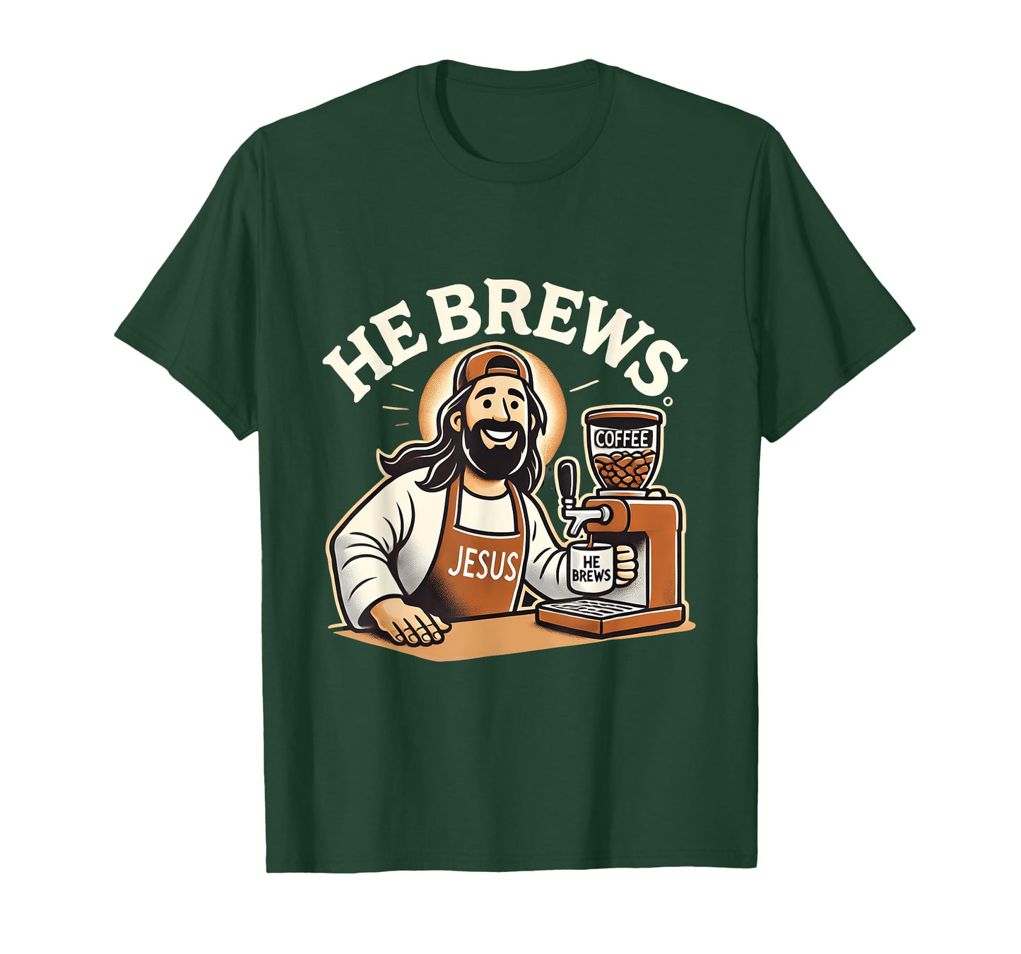 He Brews Coffee Jesus Cartoon Fun Christian Design T-Shirt