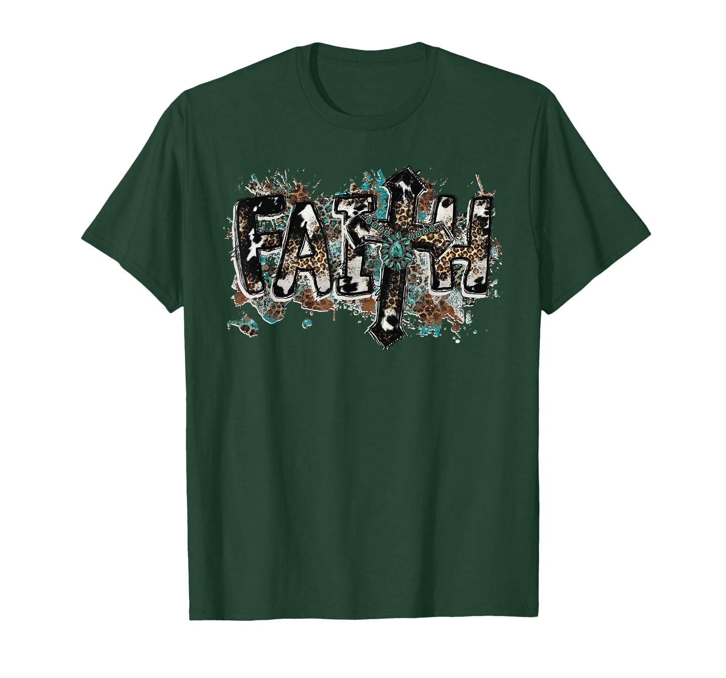 Grunge Faith T Christian Turquoise Leopard Faith Cross Jesus T-Shirt