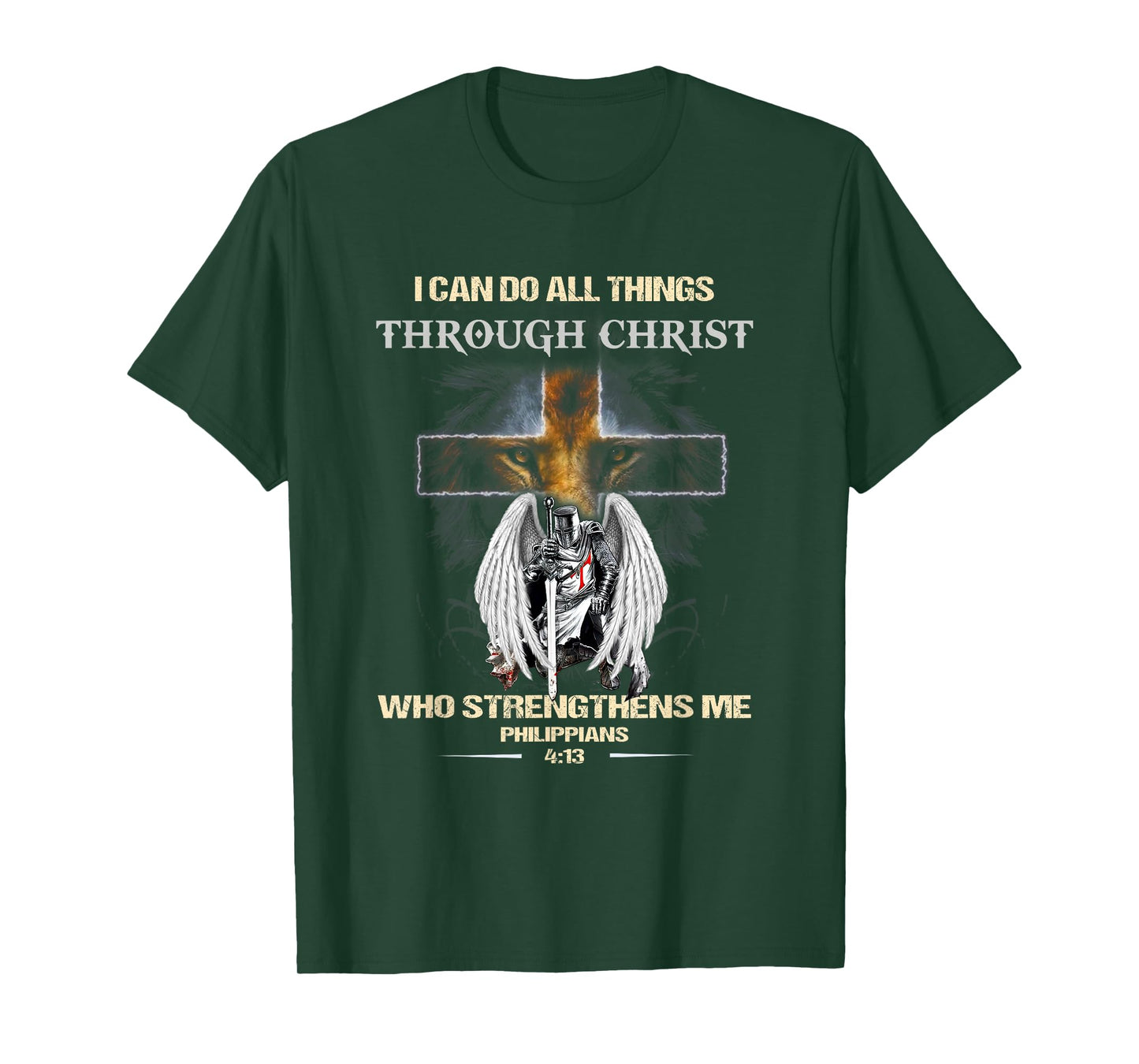 Philippians 4:13 Christian Verse Gift Lion Cross Men Knight T-Shirt