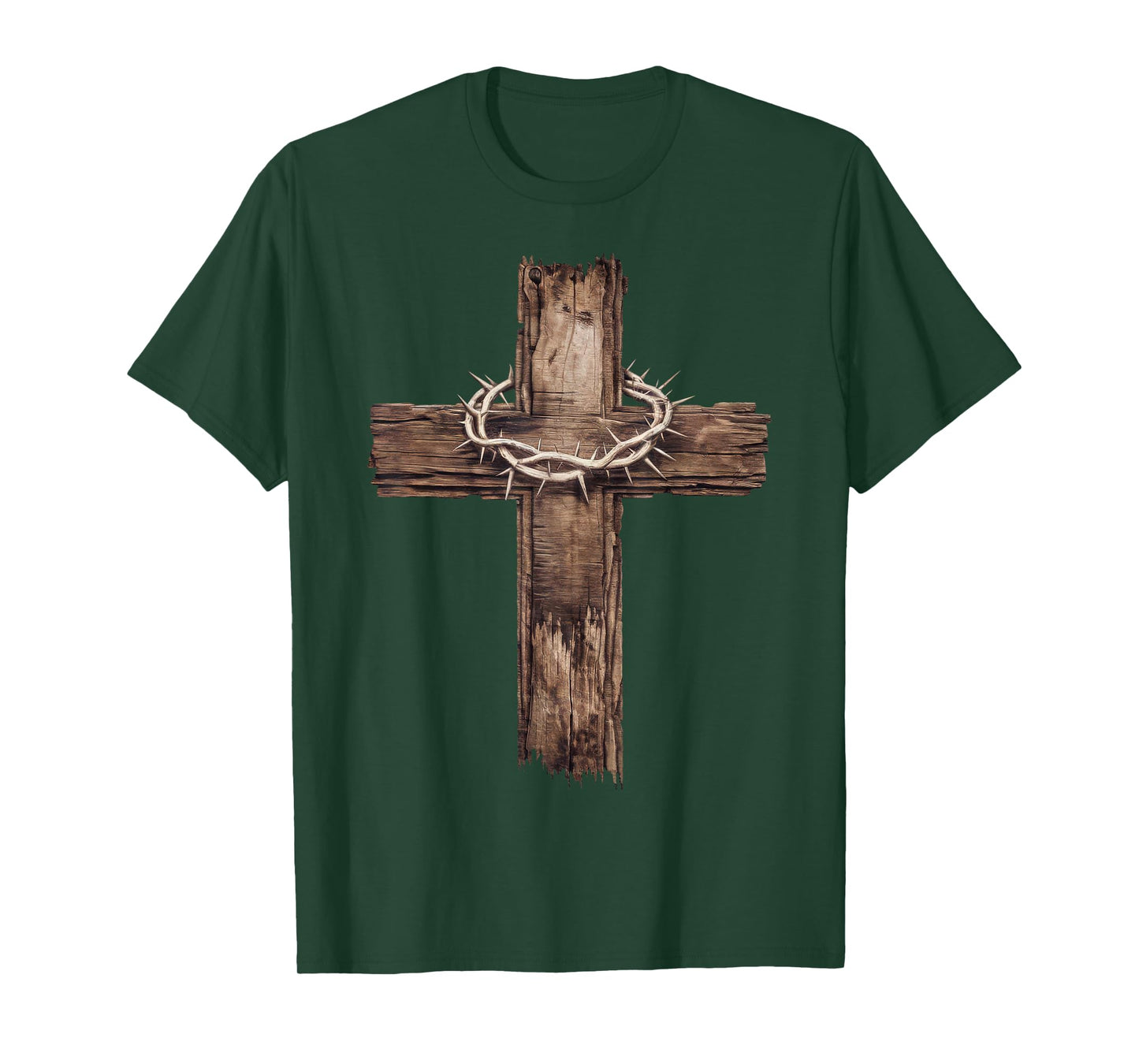 Rustic Wooden Cross Graphic Crown of Thorns Christian Faith T-Shirt