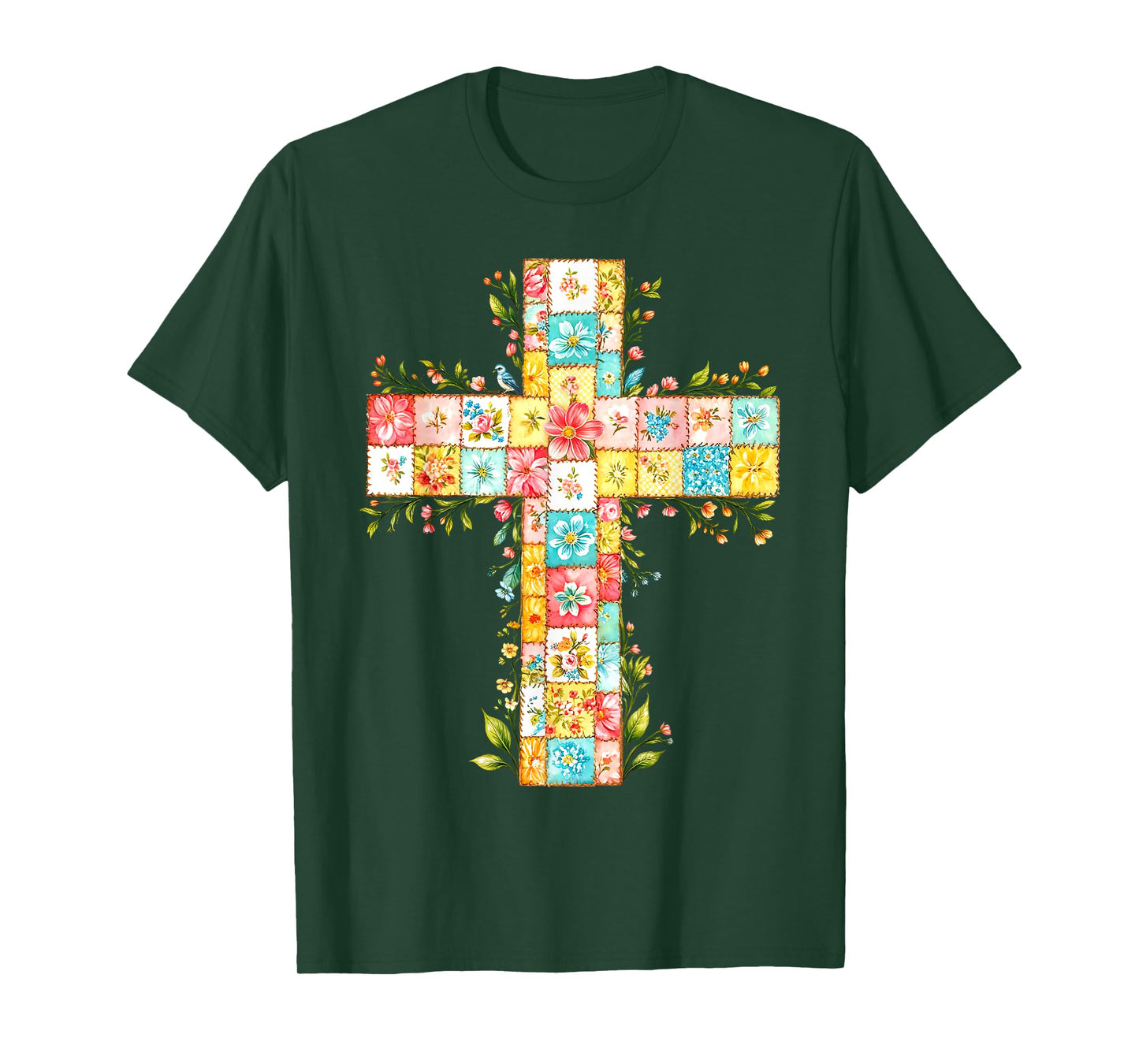 Vintage Floral Patchwork Cross Christian Faith Religious T-Shirt