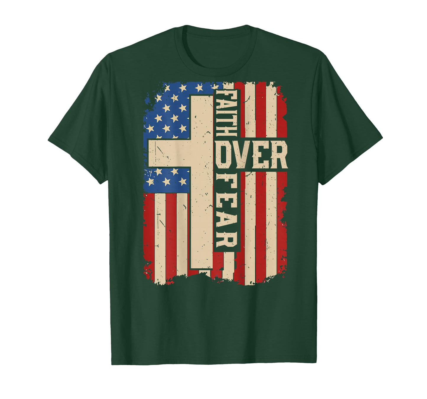 Mens American Flag Faith Over Fear Christian Patriotic Cross T-Shirt