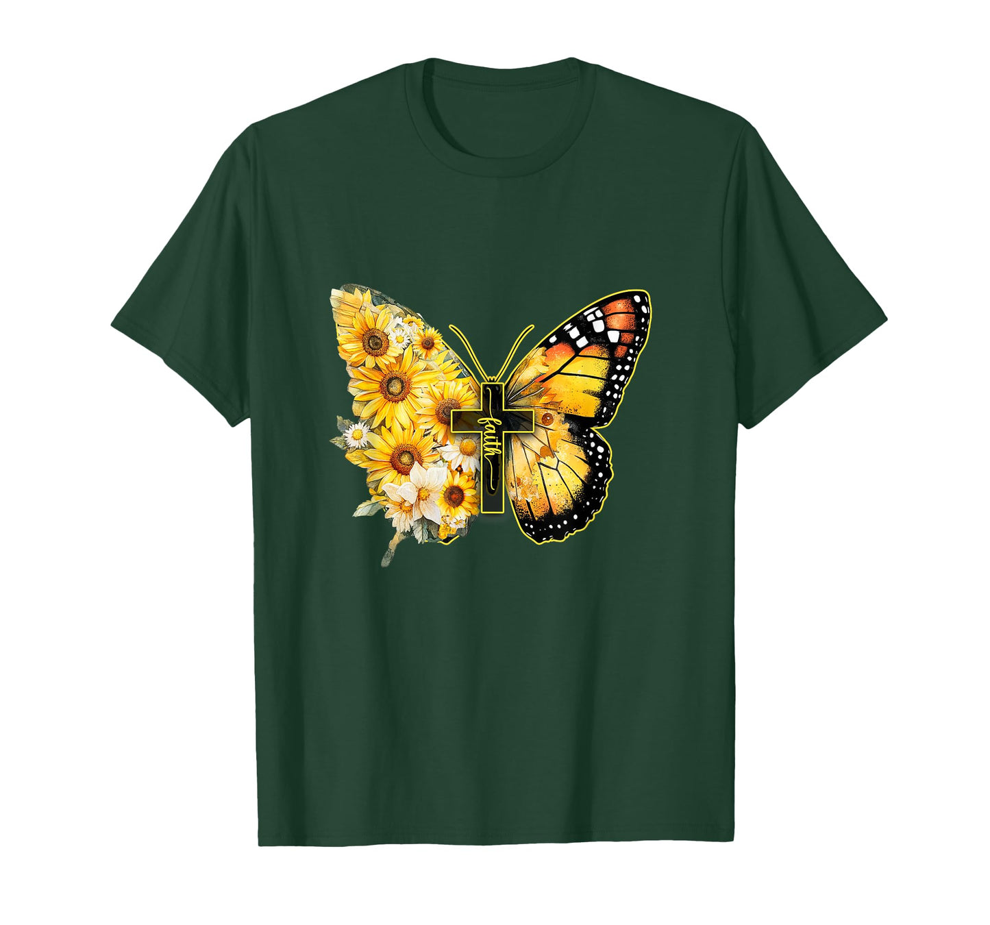 Faith Cross Sunflower Butterfly Christian Women Vintage T-Shirt