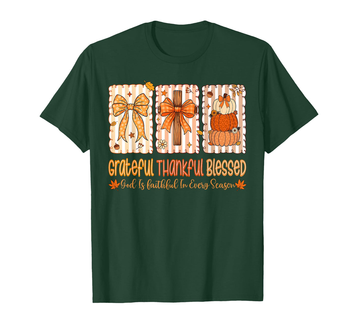 Grateful Thankful Blessed God Faith Autumn Pumpkin Bow T-Shirt