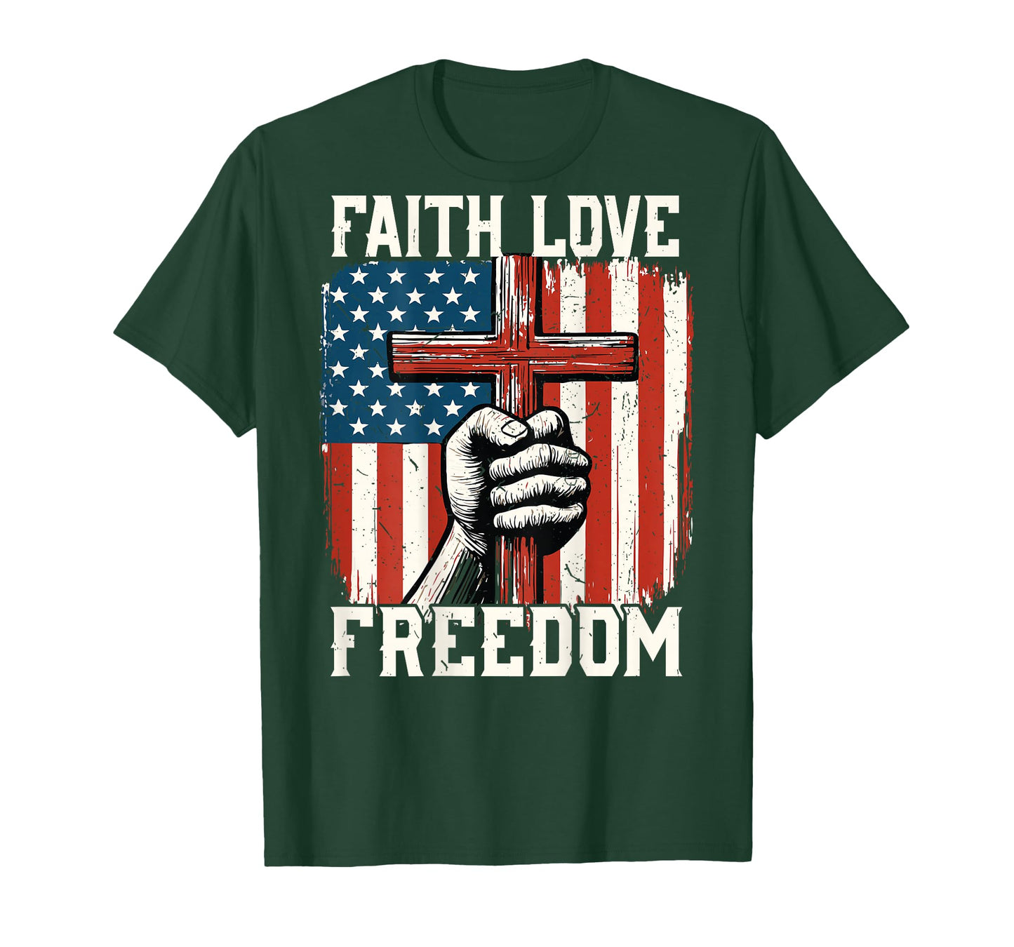 On-Back Patriotic Christian Faith Love Freedom Cross US Flag T-Shirt