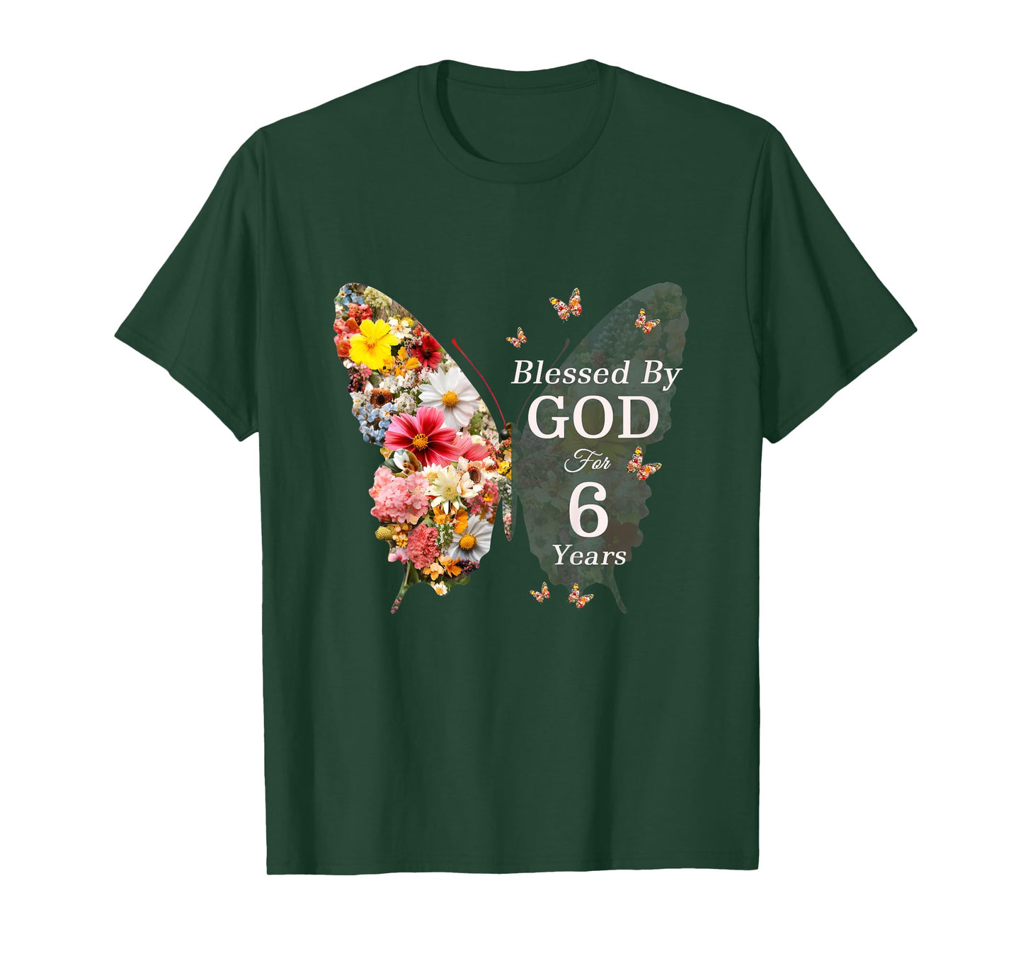Kids Blessed By God For 6 Years Butterfly Flower 6th Birthday T-Shirt