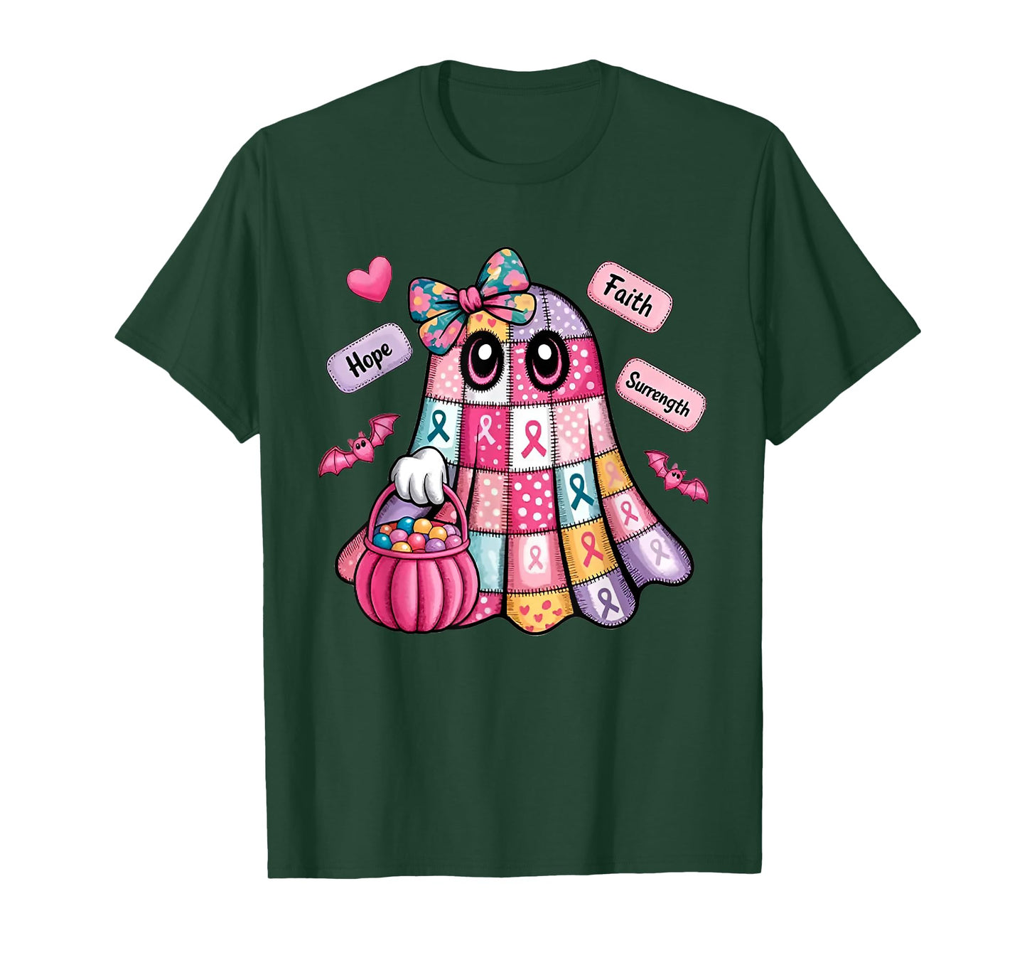 Faith Hope Surrength Patchwork Ghost Breast Cancer Awareness T-Shirt