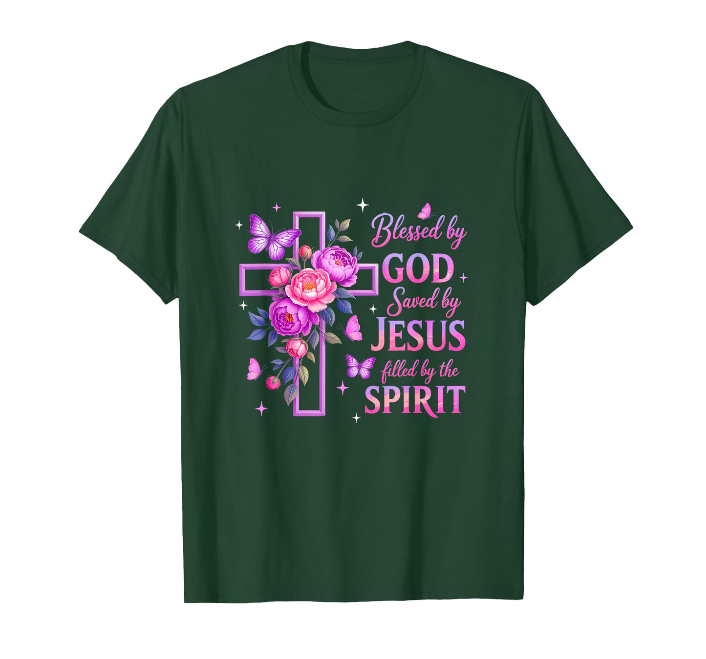 Blessed By God Saved By Jesus Purple Floral Cross Christian T-Shirt