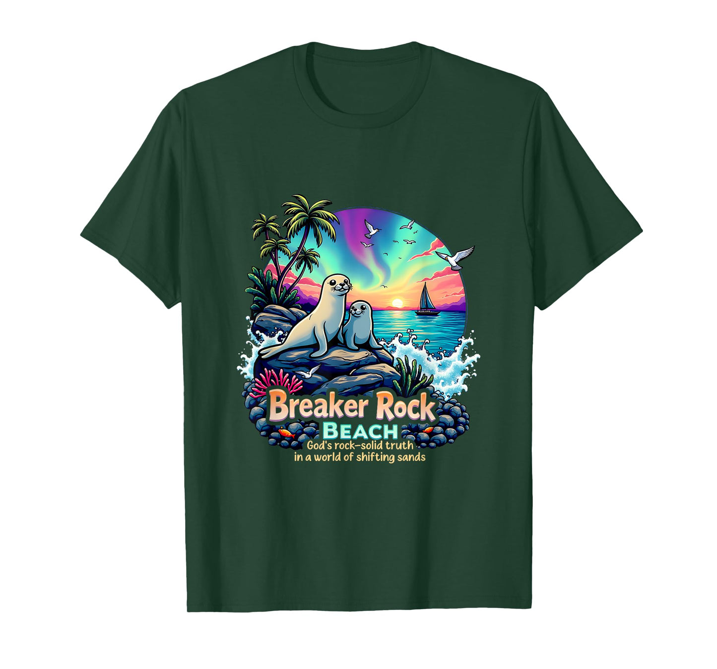 God's Solid Beach Breaker Rock Camp Retro VBS 2025 Beach T-Shirt