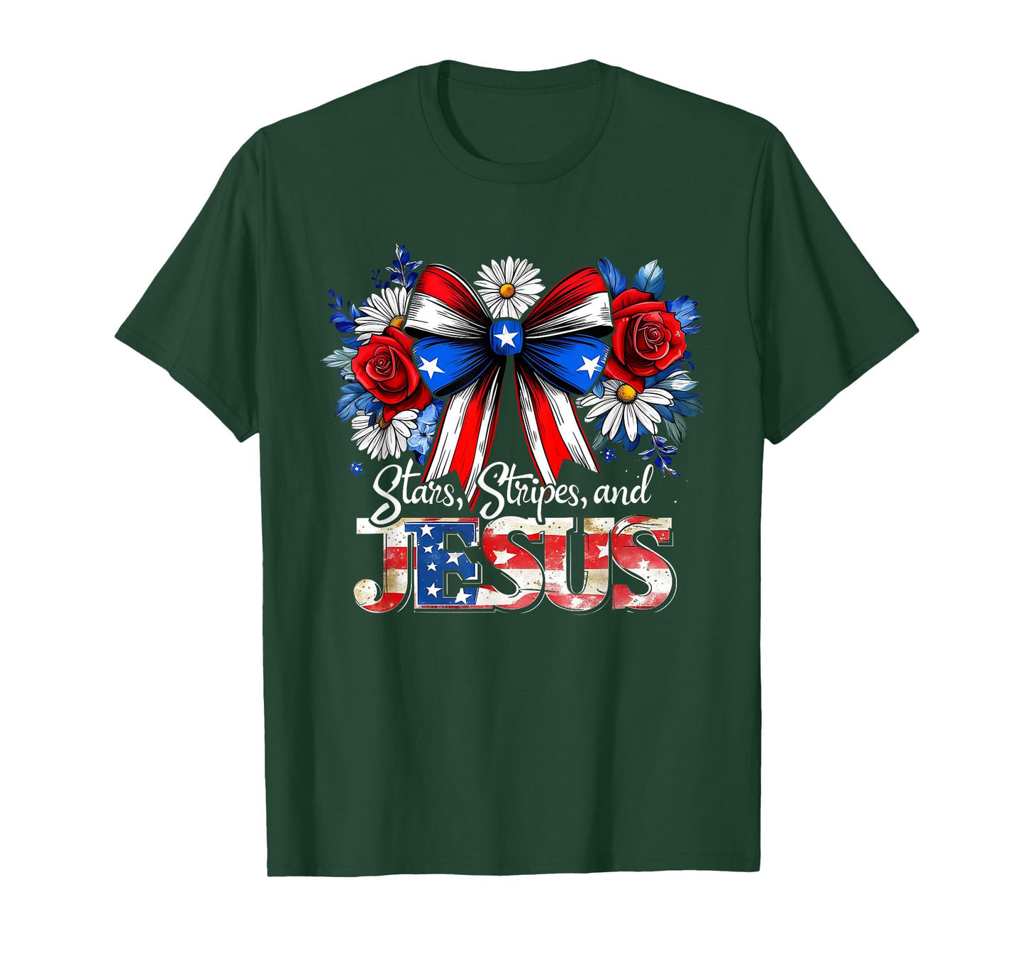 Stars Stripes and Jesus Bow Patriotic Christian Tee T-Shirt