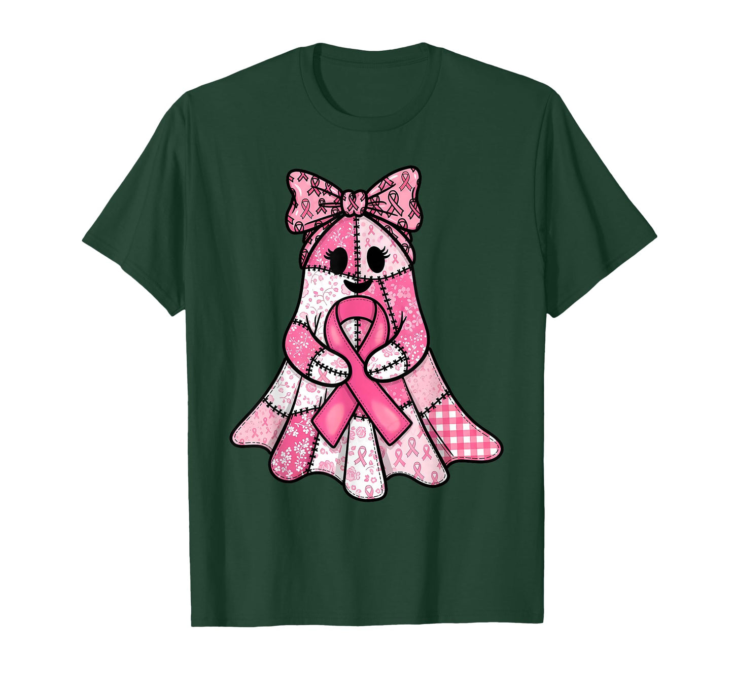 Pink Ribbon Patchwork Ghost Breast Cancer Spooky Halloween T-Shirt
