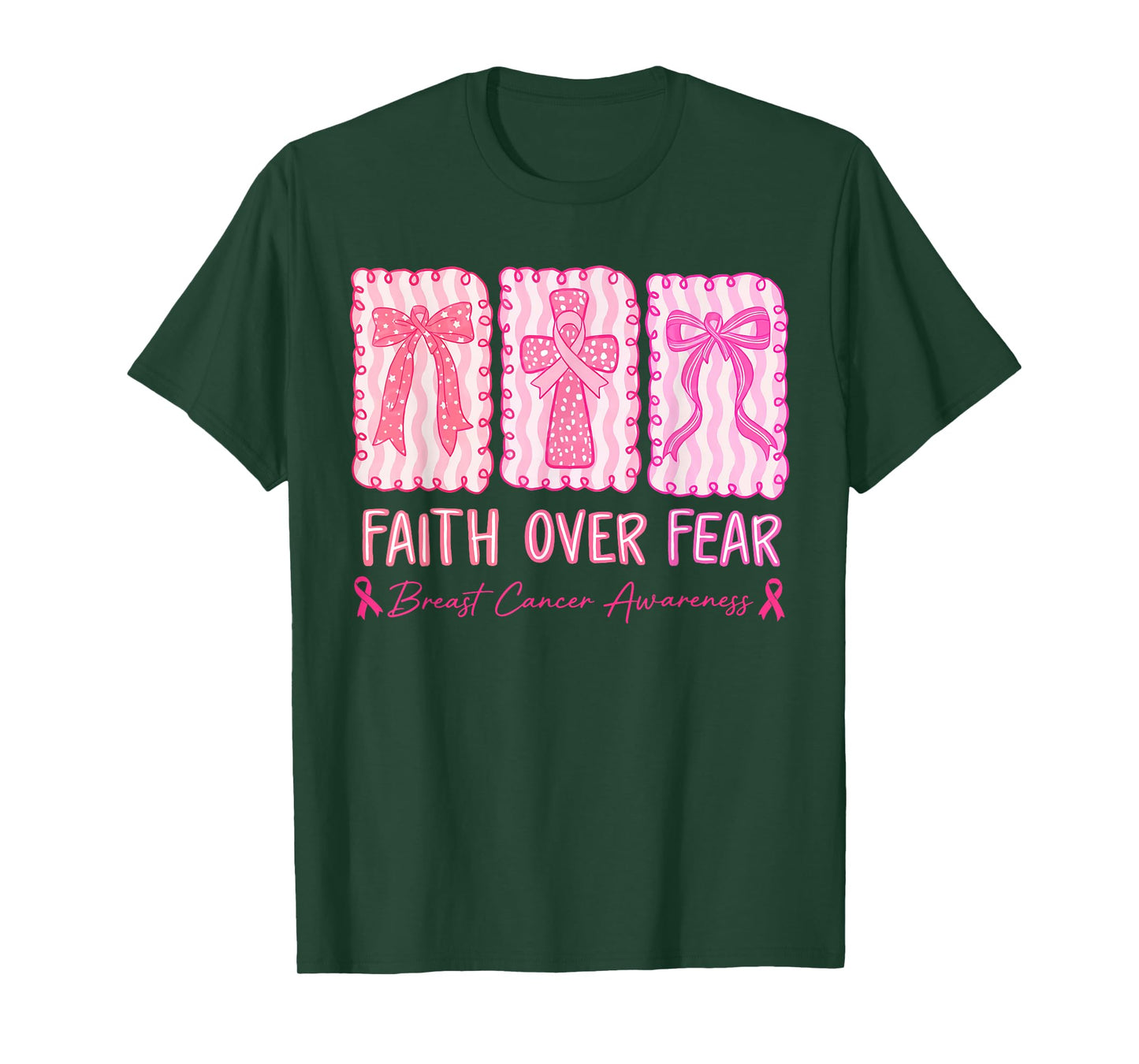 Faith Over Fear Coquette Bow Plaid Breast Cancer Awareness T-Shirt