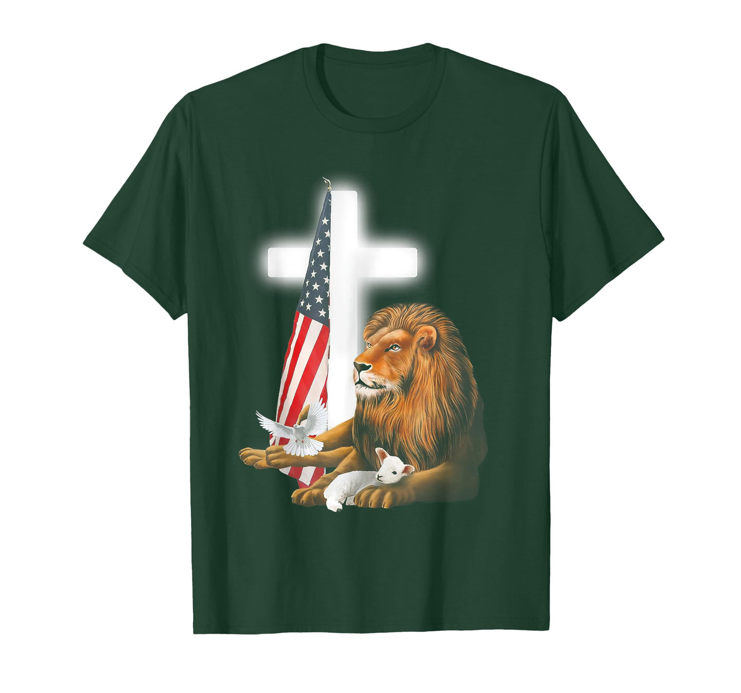 Lion And Lamb Cross Sheep Dove America Flag T-Shirt