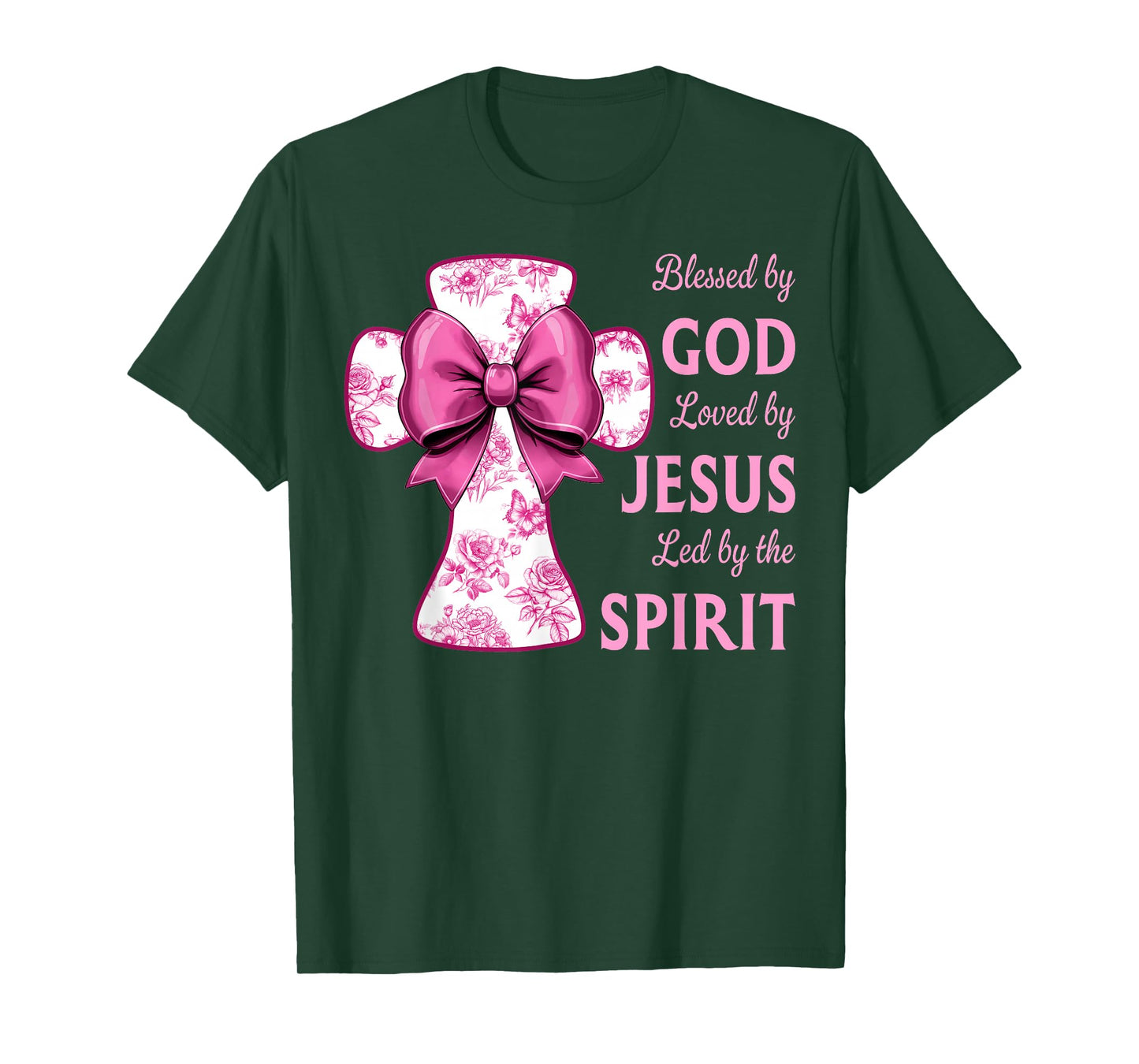 Blessed by God Loved by Jesus Pink Toile Cross Christian T-Shirt