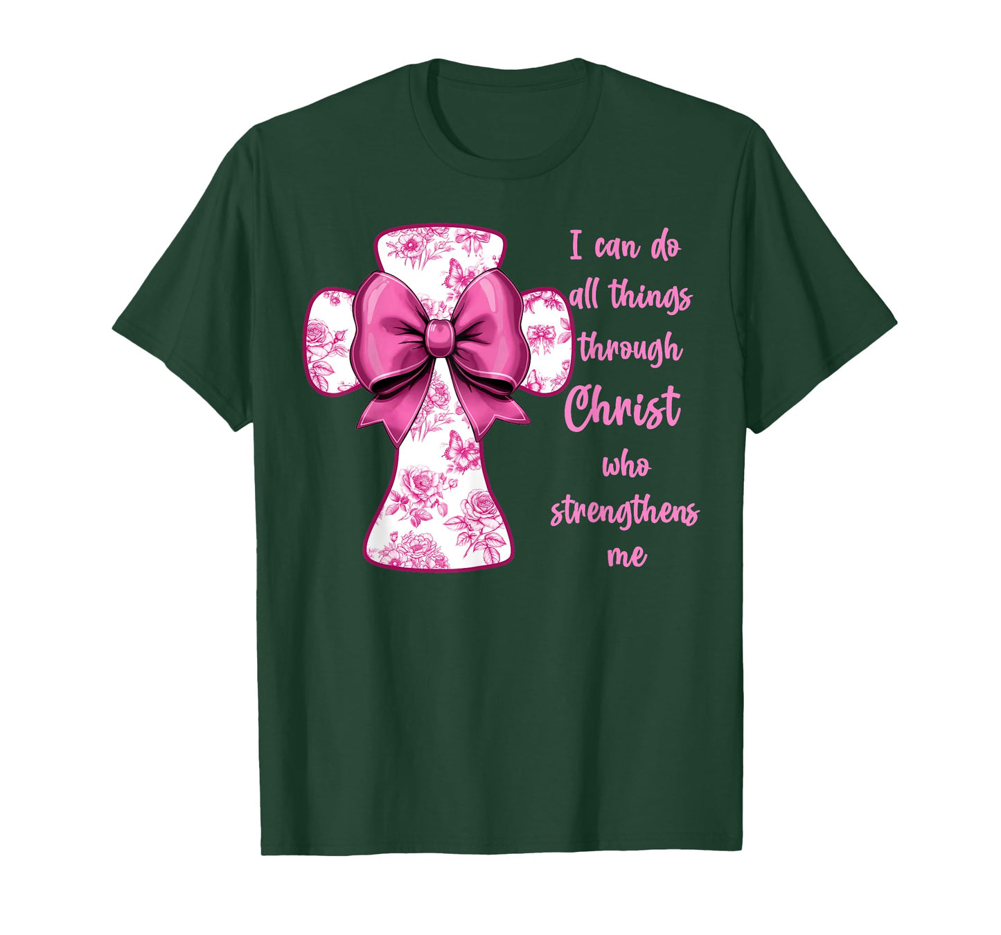 I Can Do All Things Through Christ Pink Toile Cross And Bow T-Shirt
