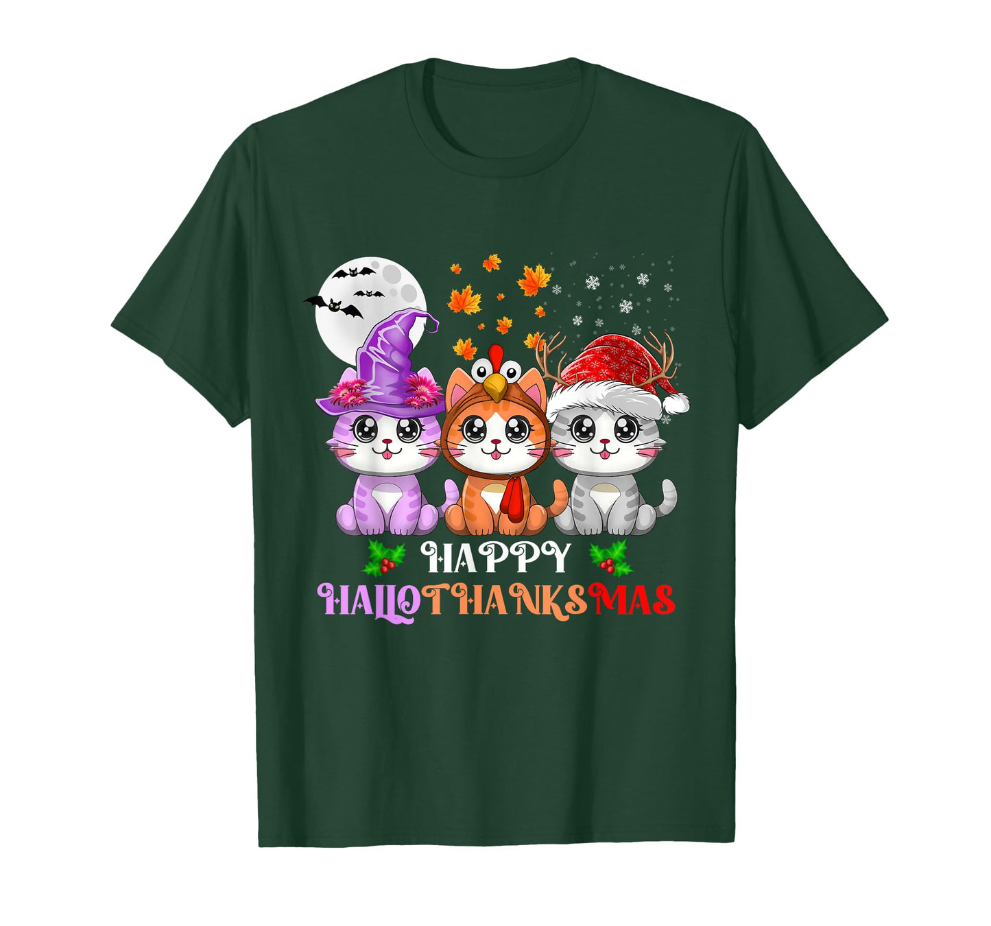 Happy HalloThanksMas Cats Halloween Thanksgiving Christmas T-Shirt