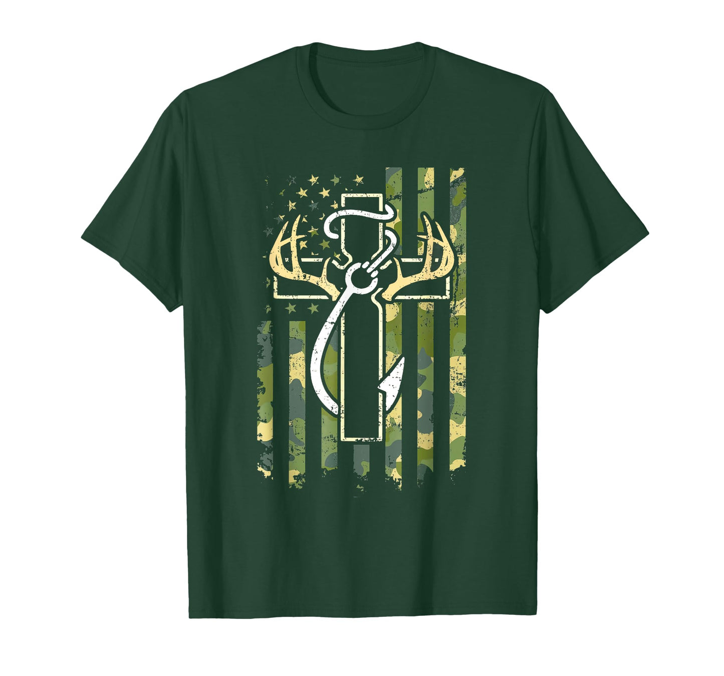 Hunting Fishing Faith Cross Deer Antlers American Flag T-Shirt