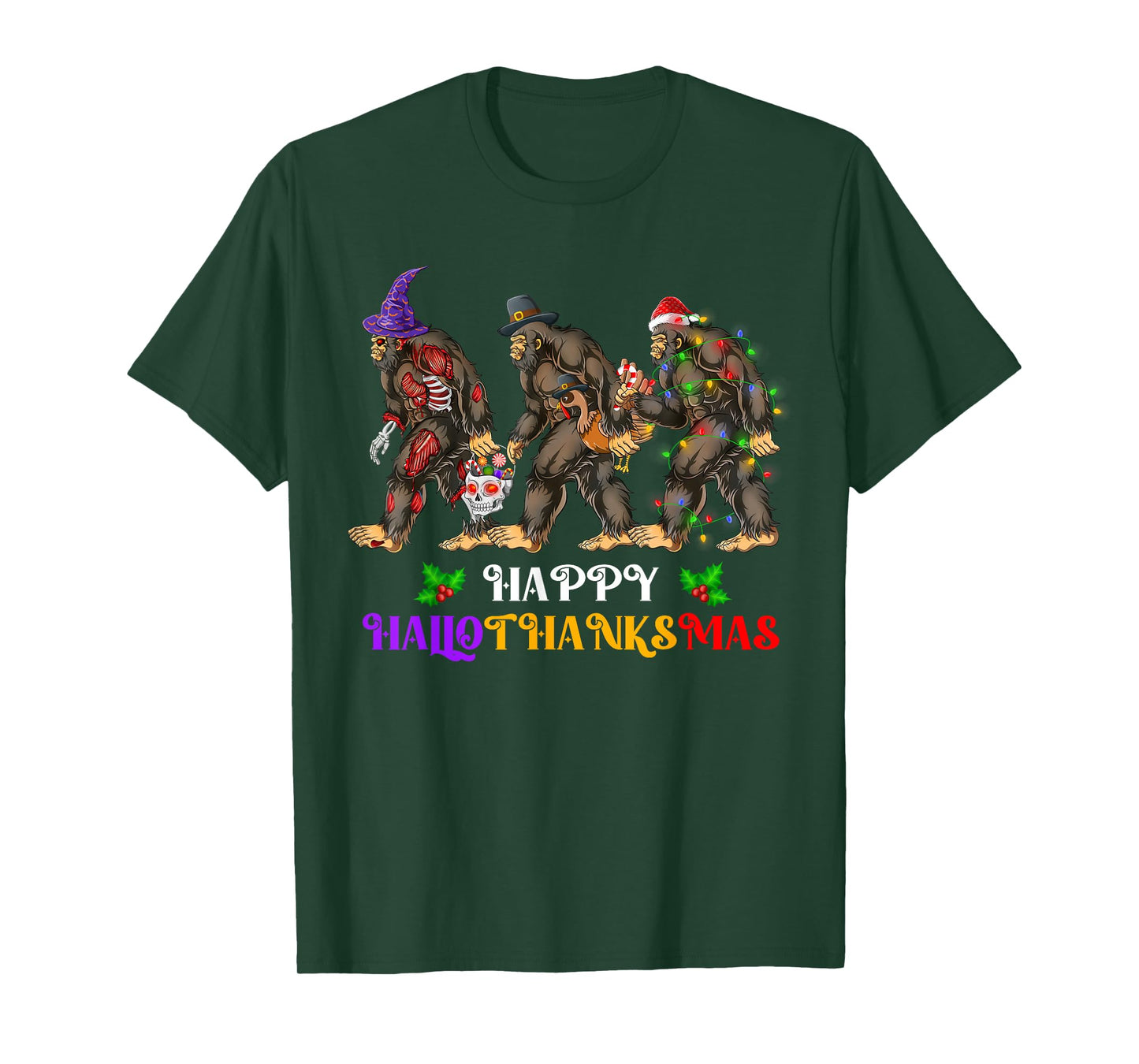 Happy Hallothanksmas Bigfoot Halloween Thanksgiving Xmas T-Shirt
