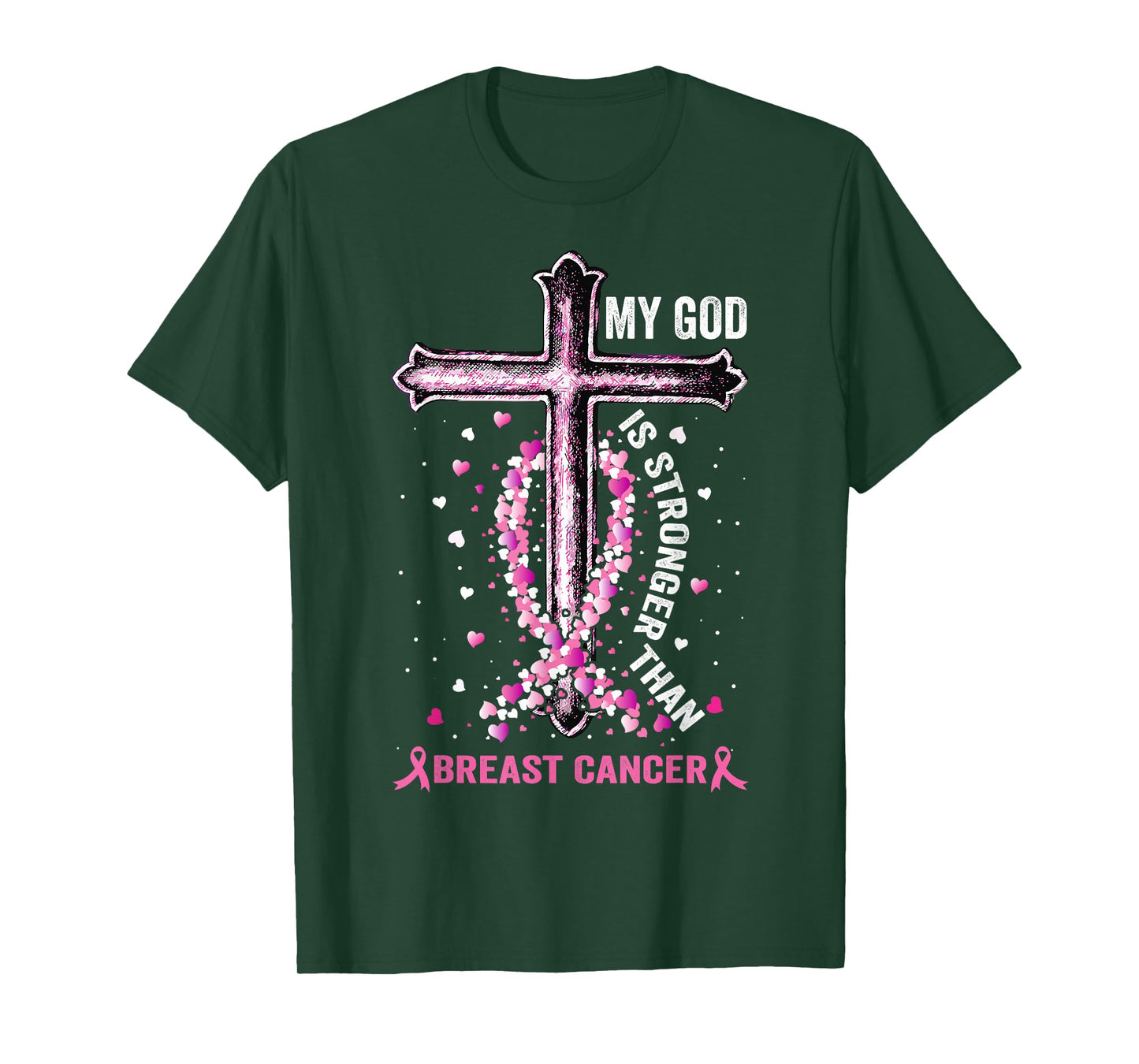 My God Is Stronger Than Breast Cancer Pink Cross Christian T-Shirt