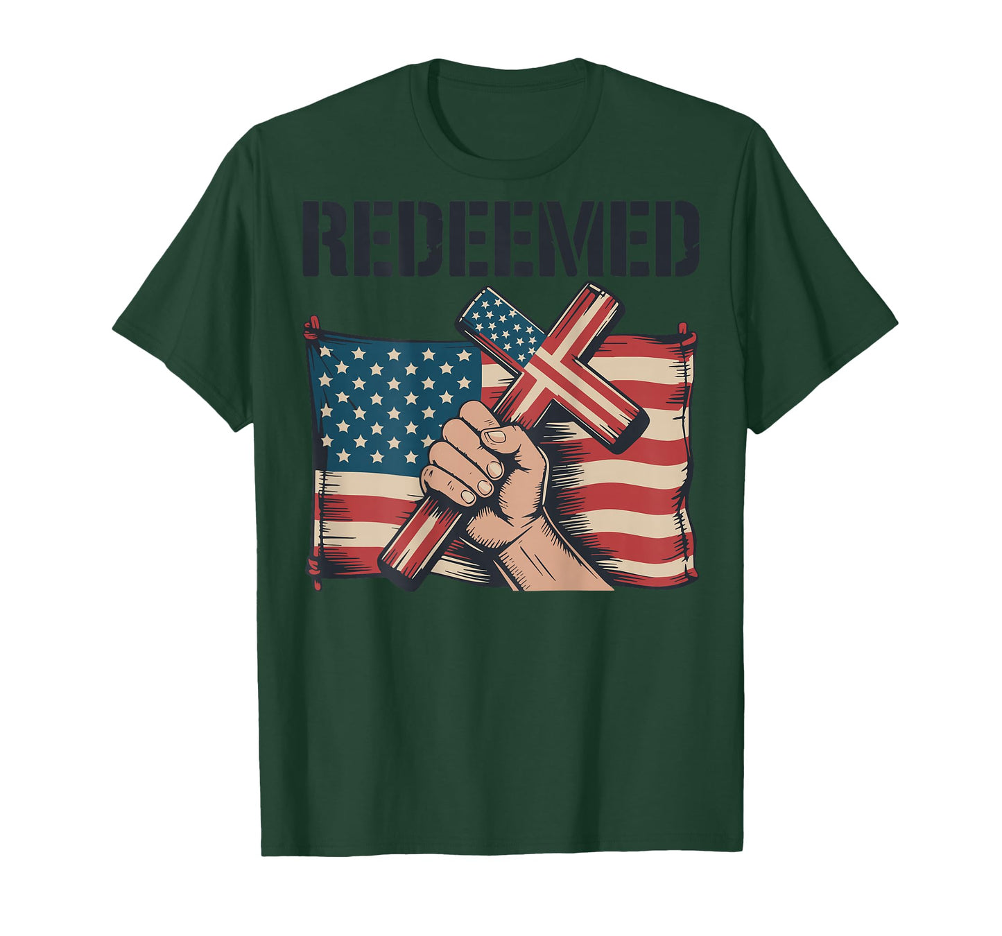 Men's Redeemed American Flag Christian Patriotic Cross Faith T-Shirt