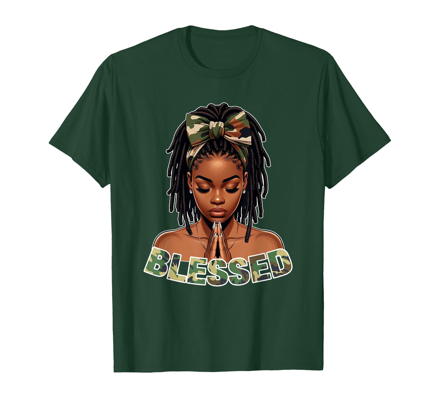 Praying Young Black Girl With Braids Locs Blessed Camo T-Shirt