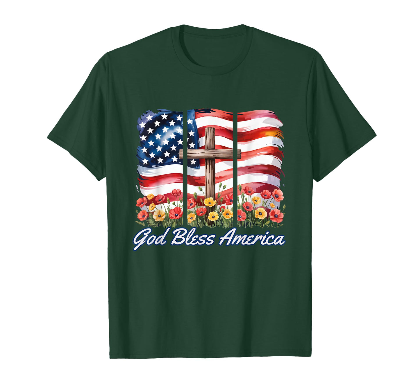God Bless America Flag Cross Flowers Patriotic 4th of July T-Shirt