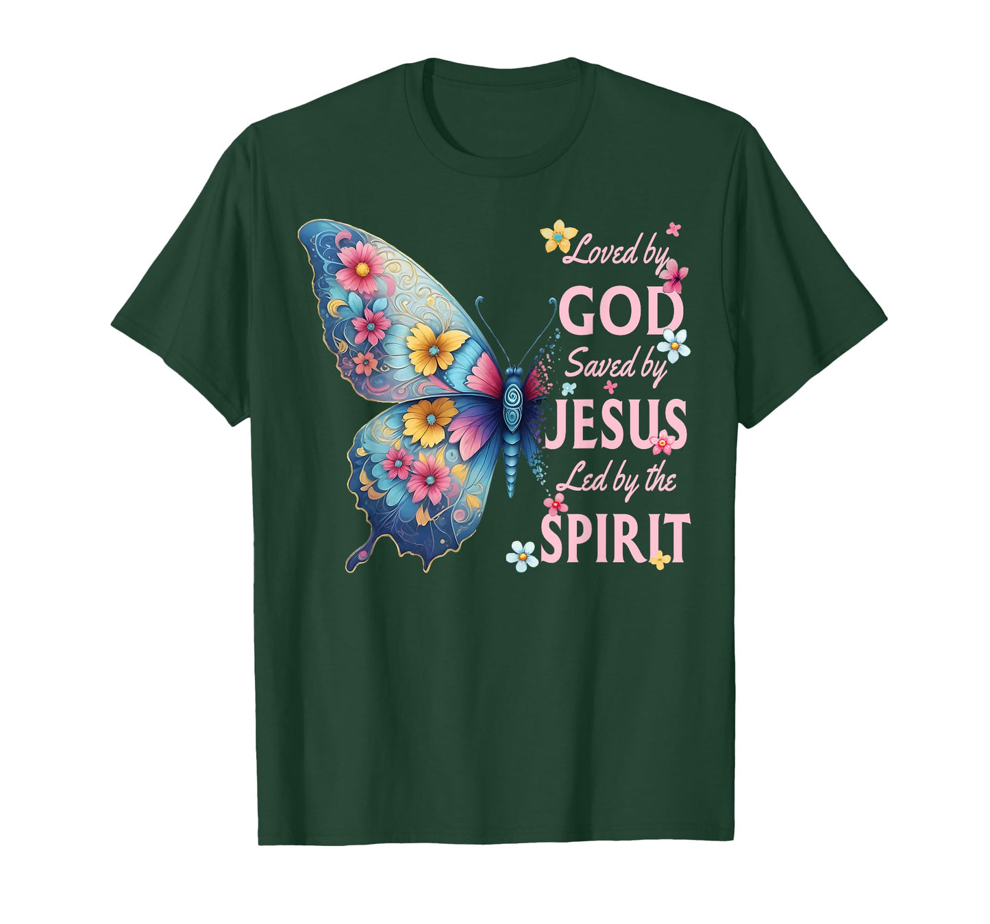 Loved by God Saved by Jesus Christian Floral Butterfly T-Shirt