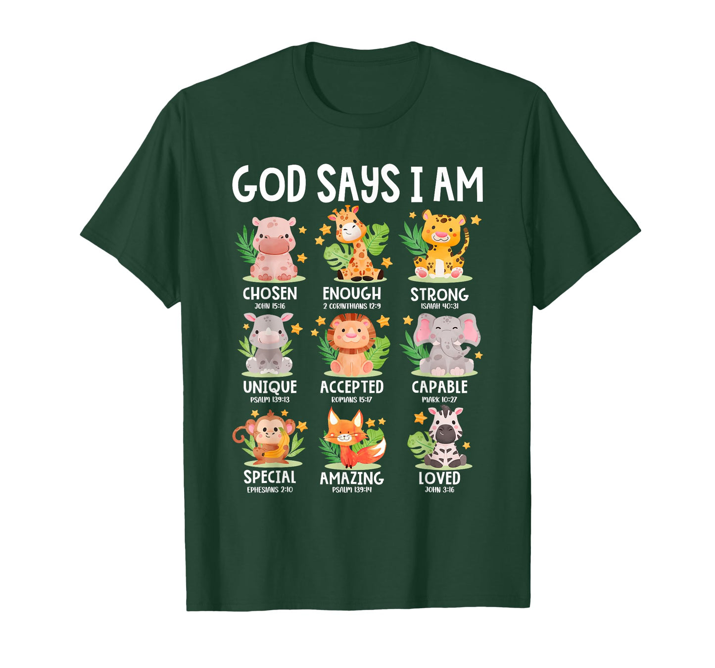 God Says I Am Christian Boys Girls Kids Safari Zoo Animals T-Shirt