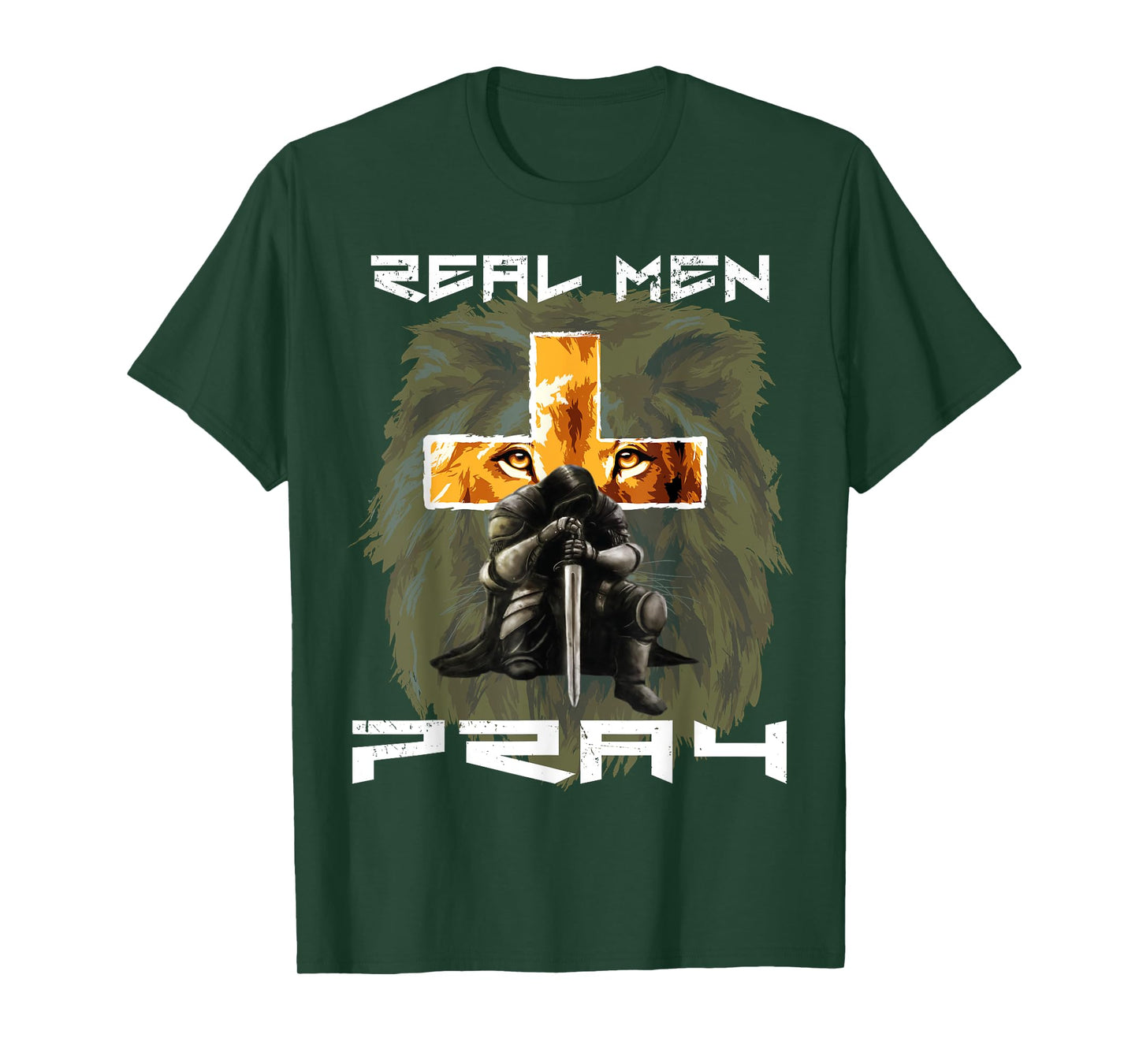 Real Men Pray Lion Judah Christian Religious Cross Graphic T-Shirt