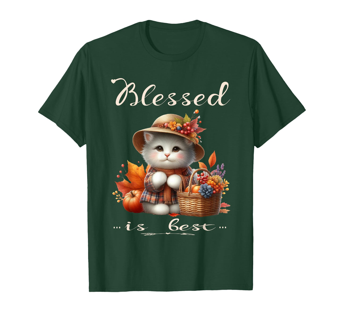 Blessed is Best Fall & Autumn Cute White Vintage Kitty & Hat T-Shirt
