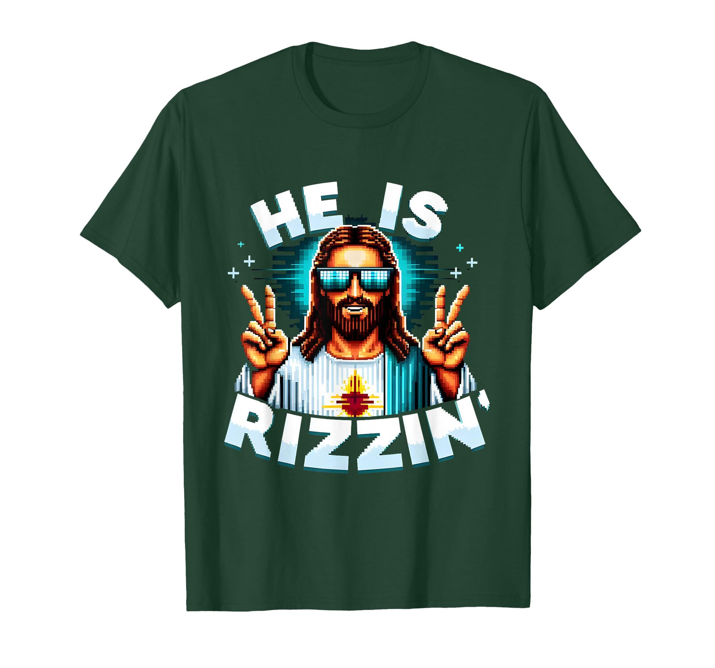 He Is Rizzen Jesus Has Rizzen Retro Christian Pixel Gaming T-Shirt