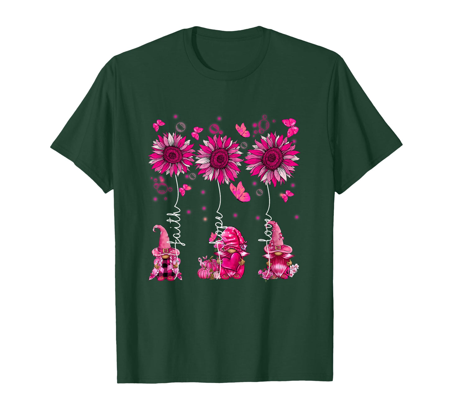 Faith Hope Love Gnome Ribbon Breast Cancer Awareness Flower T-Shirt