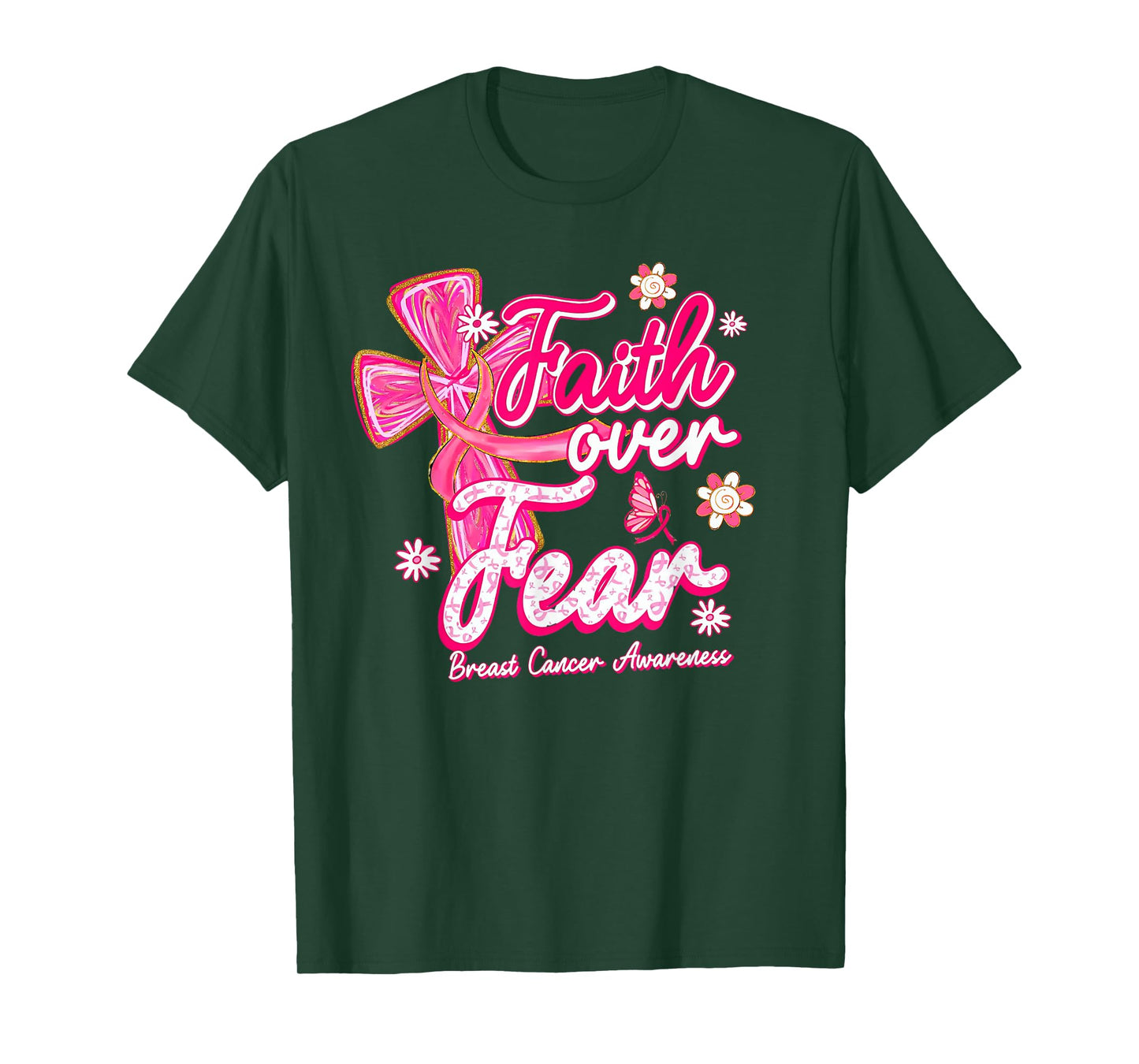 Coquette Faith Over Fear Breast Cancer Awareness Pink Ribbon T-Shirt