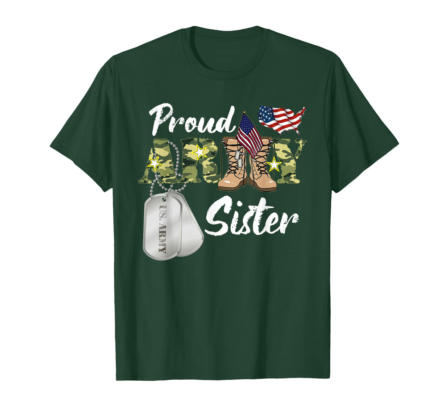 Proud Army Sister Military Sister with Dog Tag US Flag T-Shirt
