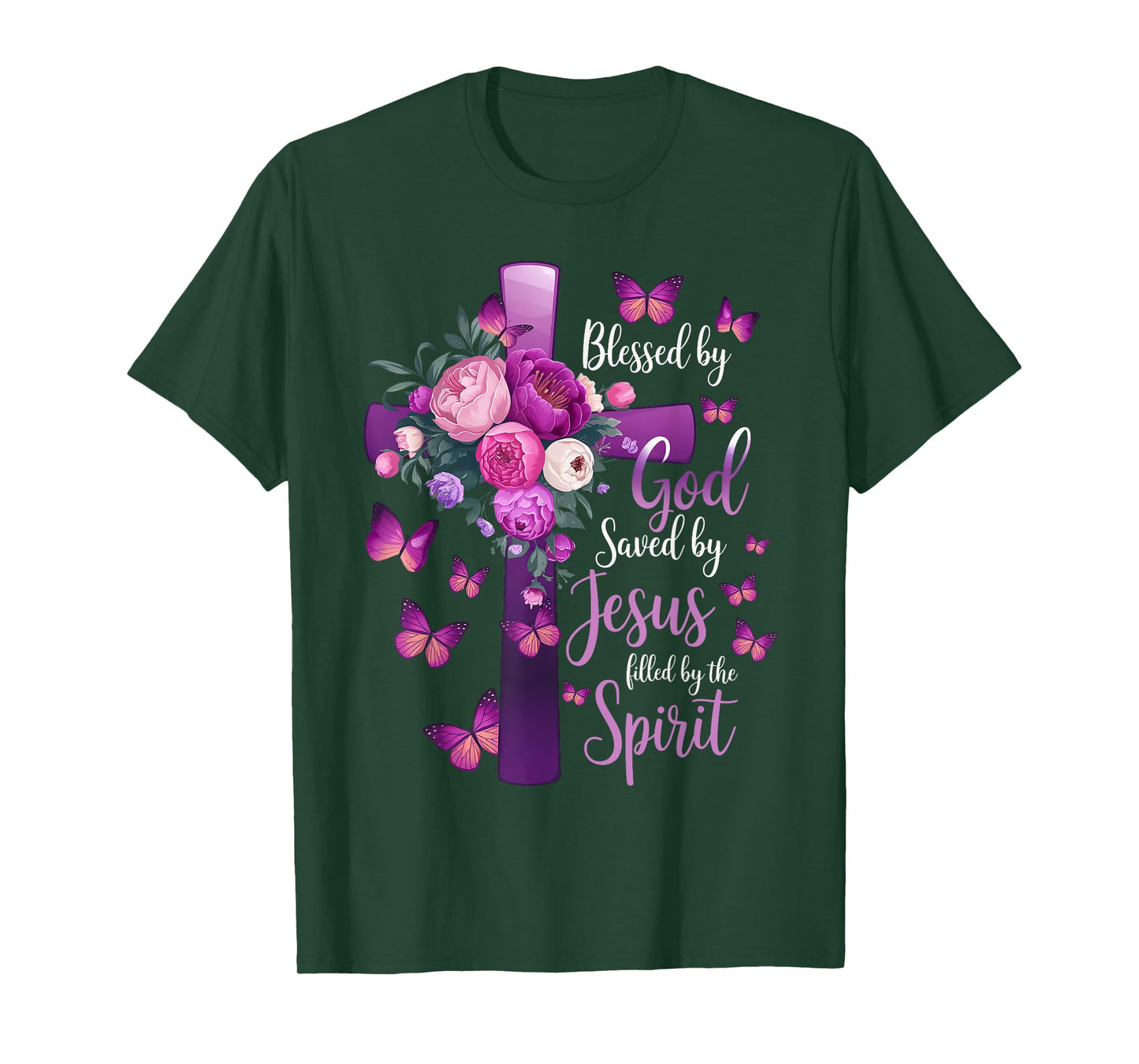Blessed by God Saved by Jesus Purple Floral Cross Christian T-Shirt