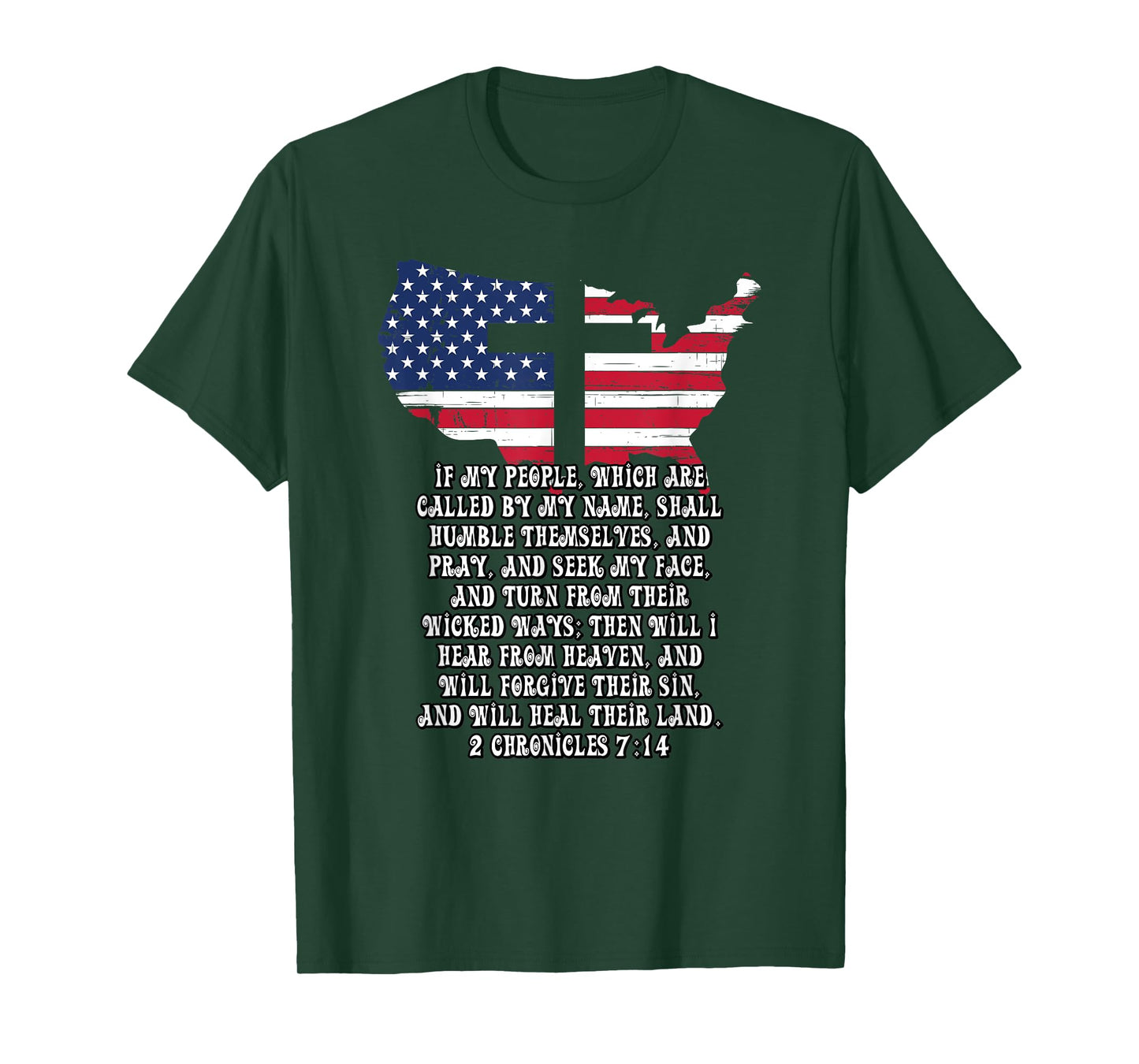 Bible Verse Cross Jesus 2 Chronicles 7:14 USA Flag American T-Shirt for Women Men