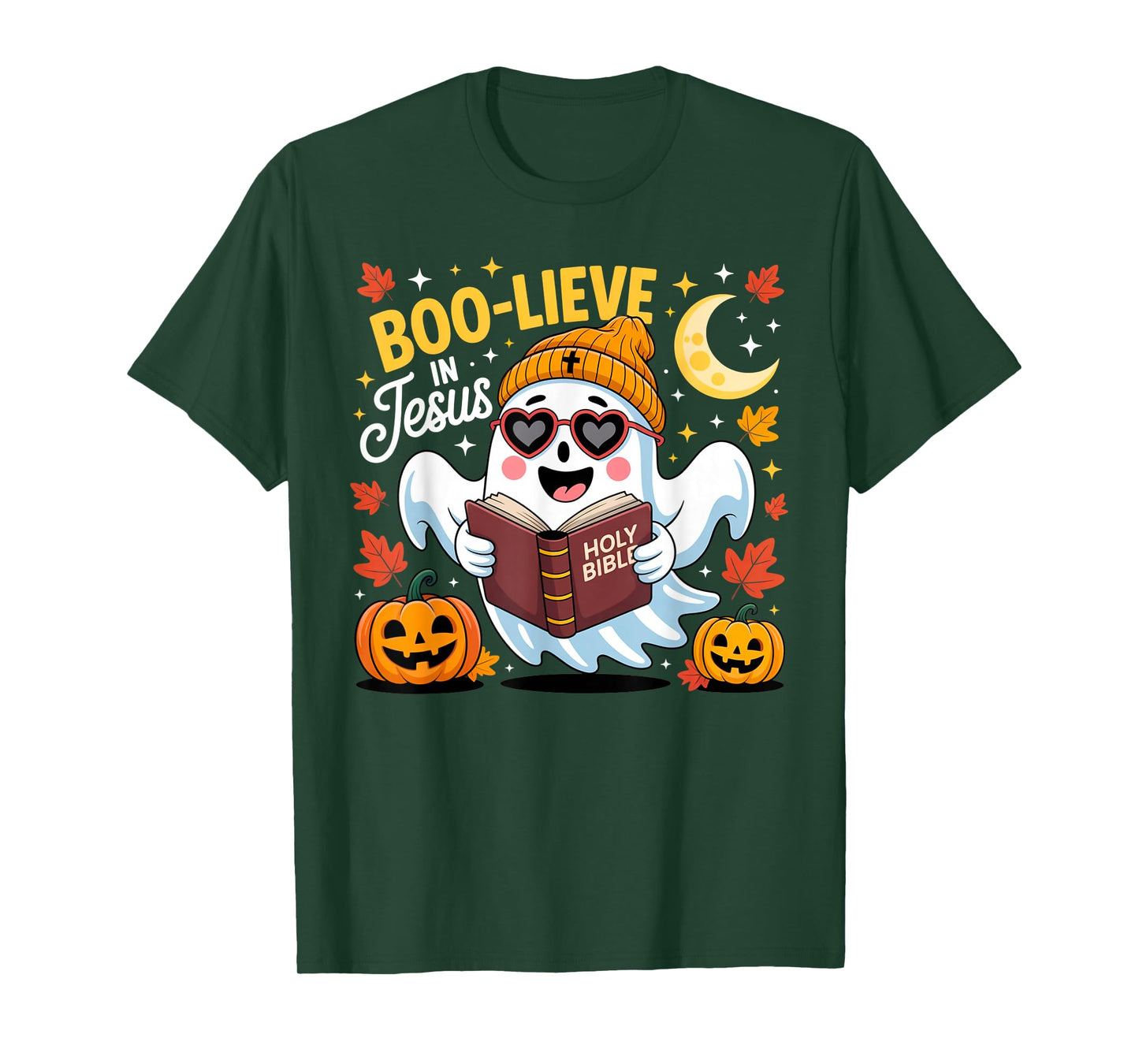 Boo-Lieve in Jesus Ghost Christian Halloween Funny Crew T-Shirt