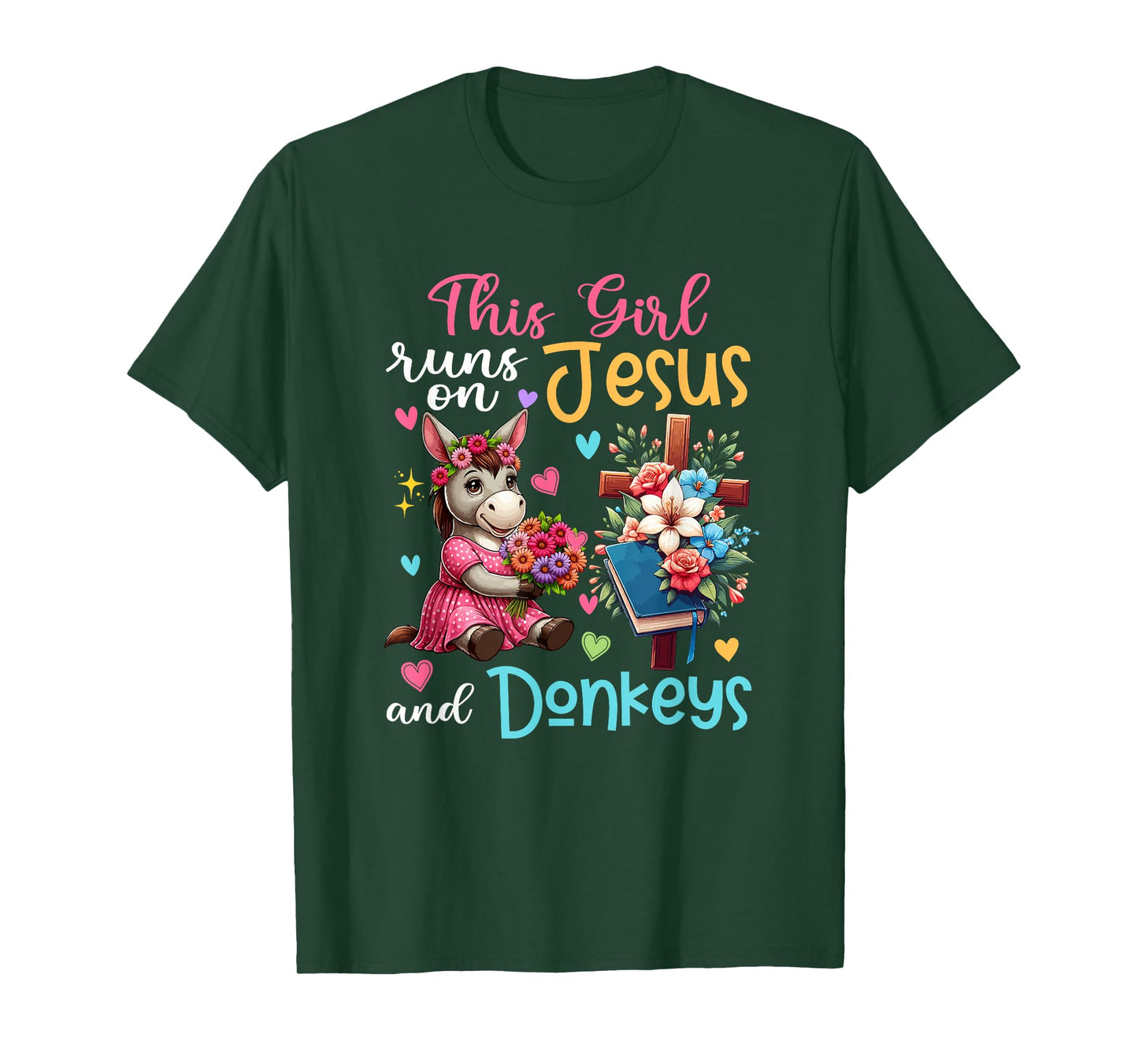 Girl Runs On Jesus And Donkeys Cute Flowers Christian Cross T-Shirt