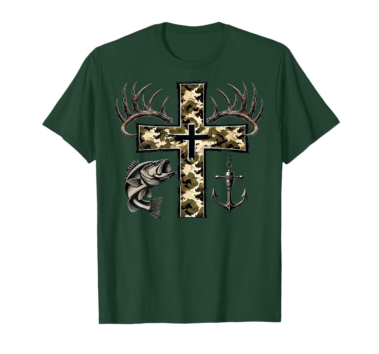 (Back) Hunting Fishing Cross Camo Faith Christian Fisherman T-Shirt
