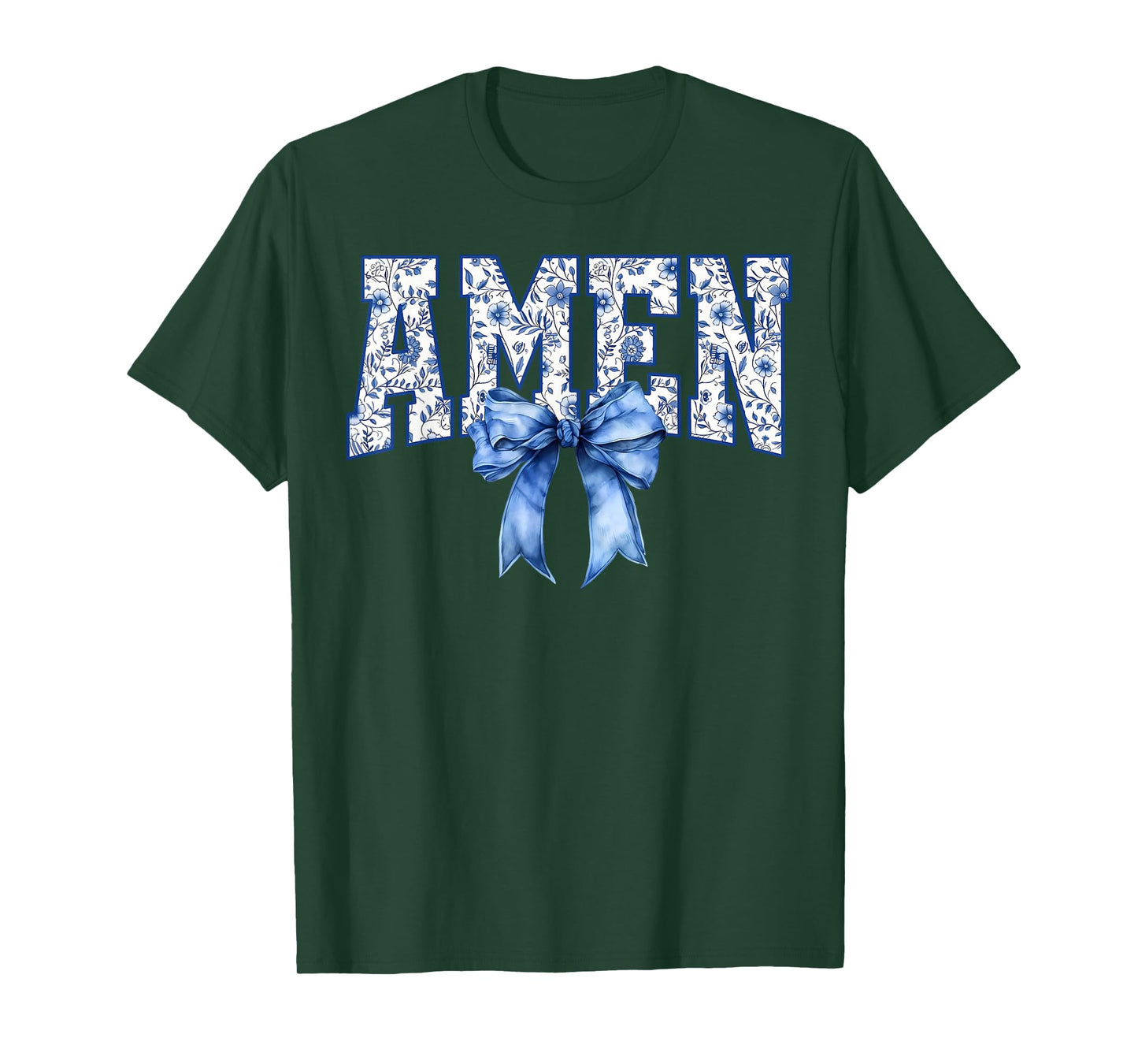 Amen Floral Toile Blue Coquette Bow Religious Faith Jesus T-Shirt