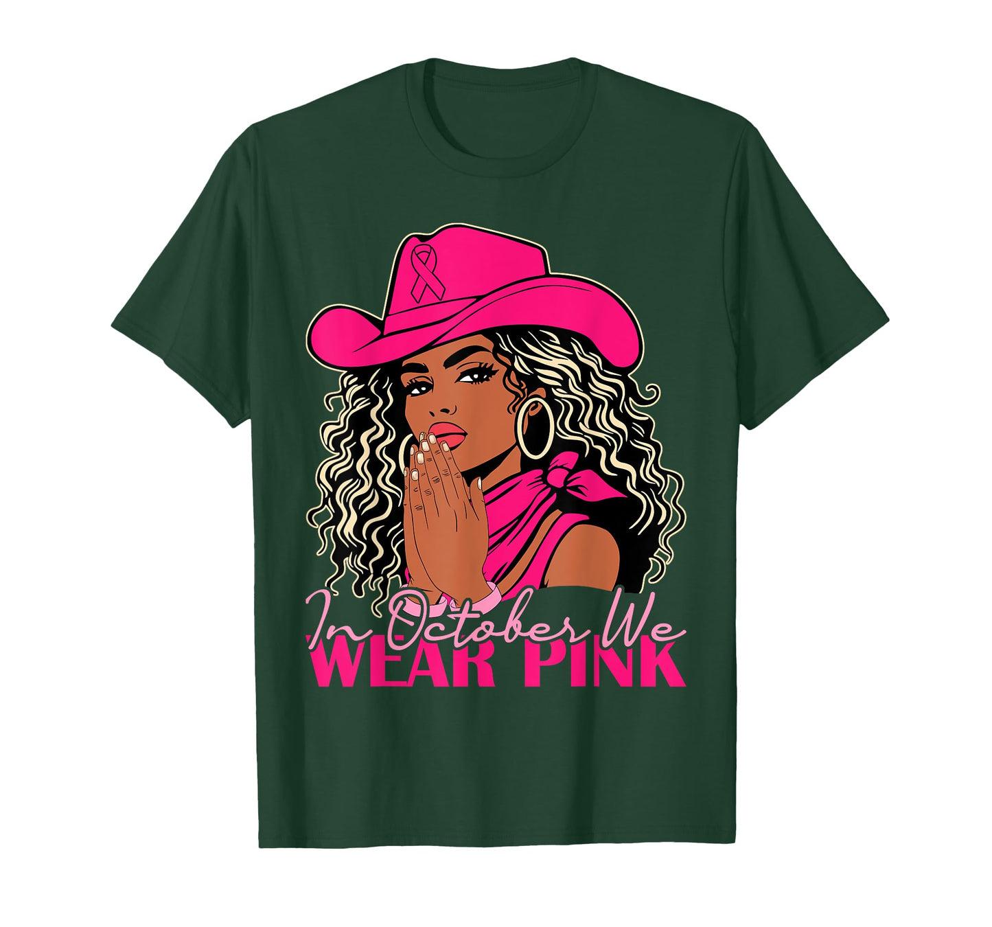 in October We Wear Pink Women Black Cowgirl Breast Cancer T-Shirt