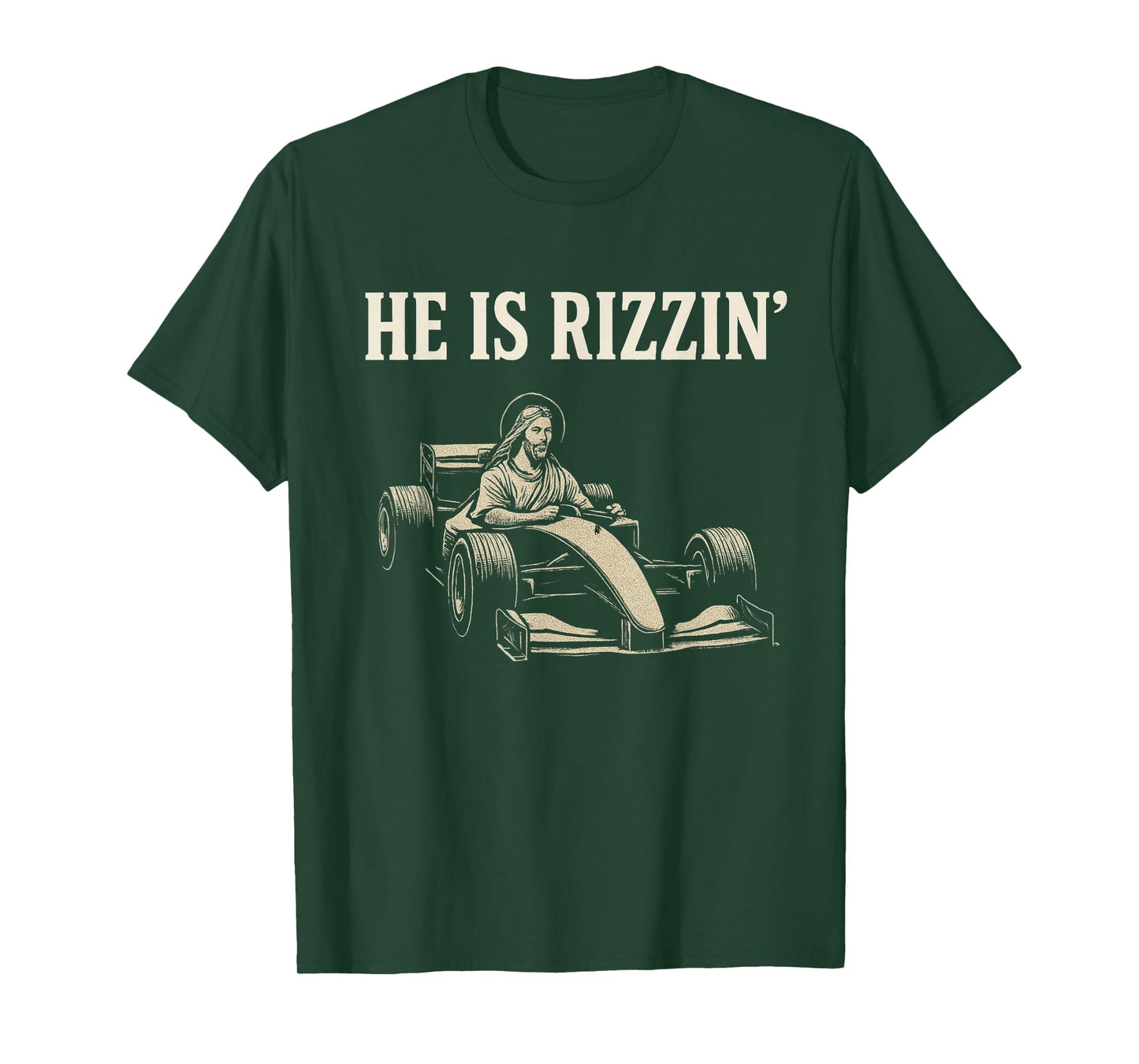 He Is Rizzin Funny Jesus Race Car Meme Easter Racing Rizzler T-Shirt