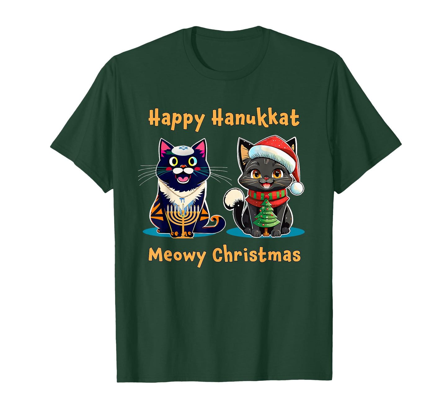 Merry Christmas Happy Hanukkah Jewish Christian Cat Lovers T-Shirt for Men Women Kids