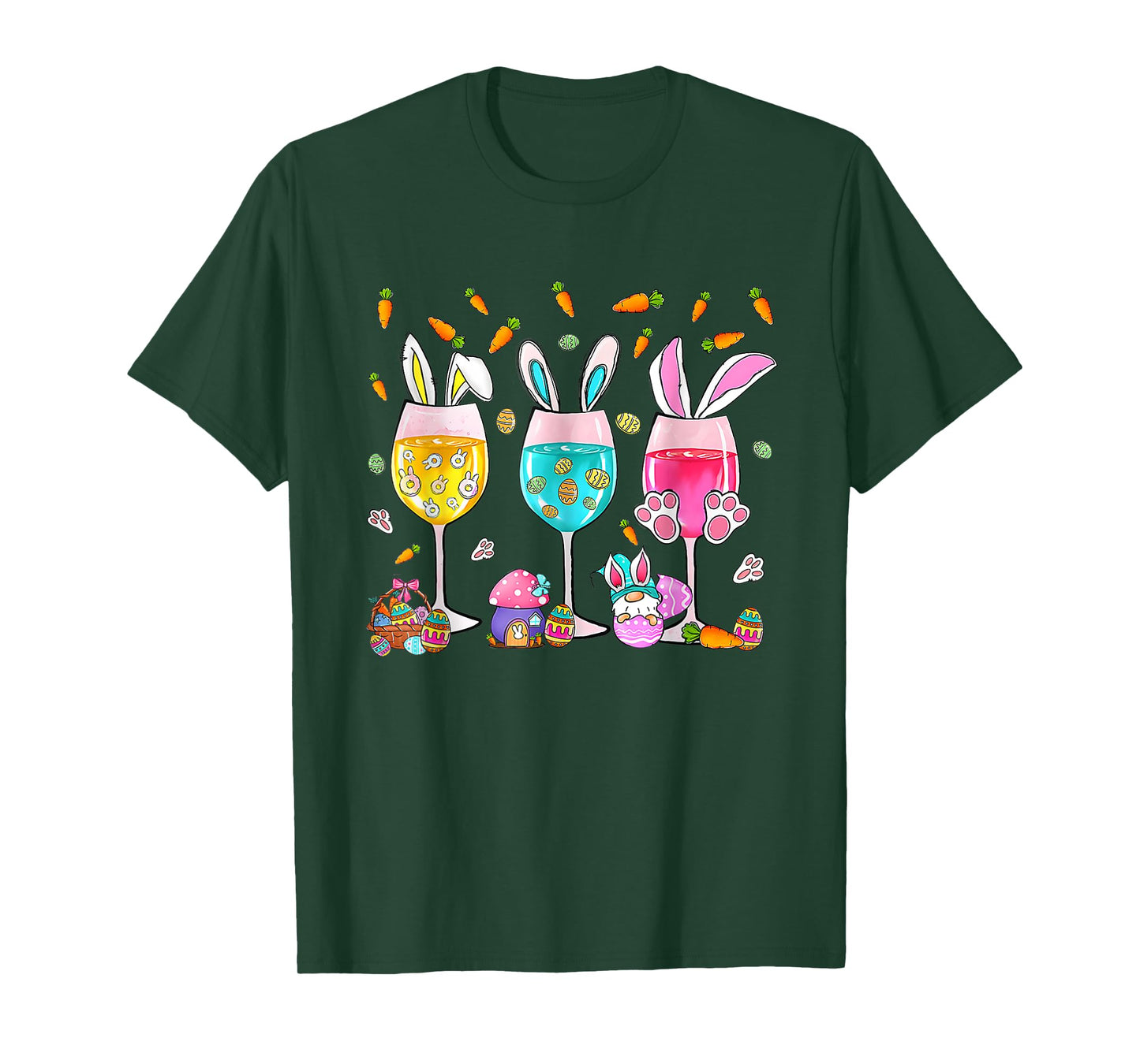 Funny Wine Glasses Bunny With Egg Basket Spring Easter Women T-Shirt